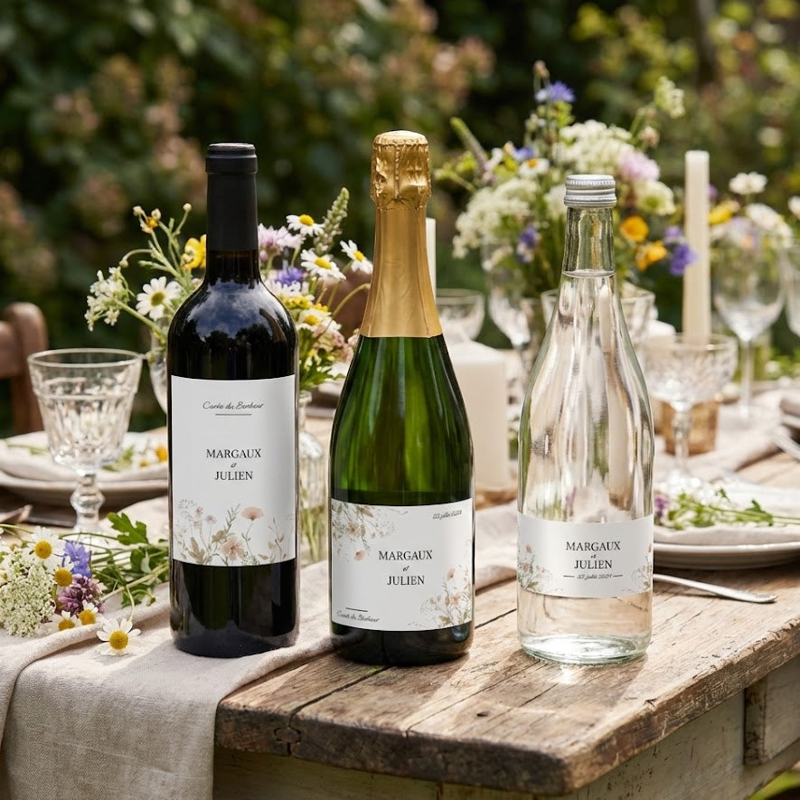 Trois bouteilles de vin, champagne et eau posées sur une table de mariage en extérieur, décorées avec des étiquettes personnalisées florales aux prénoms Margaux et Julien. Ambiance champêtre élégante avec fleurs fraîches et vaisselle raffinée.