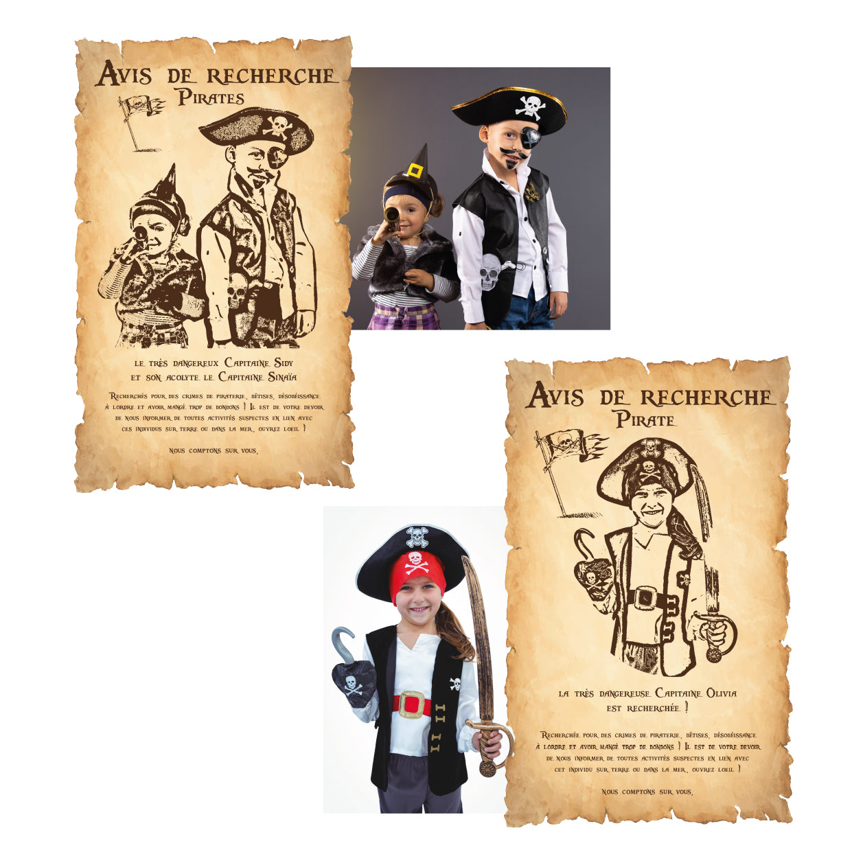 Affiches personnalisées avis de recherche pirates avec photo d’enfants déguisés, version duo et solo, création humoristique sur parchemin pour décoration d’anniversaire thème pirate