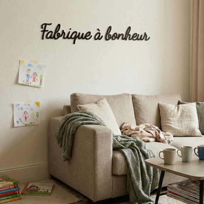 Décoration murale “Fabrique à bonheur” en impression 3D (PLA) noire, installée sur un mur clair au-dessus d’un canapé beige avec plaids, dans un salon familial avec dessins d’enfants et table basse.