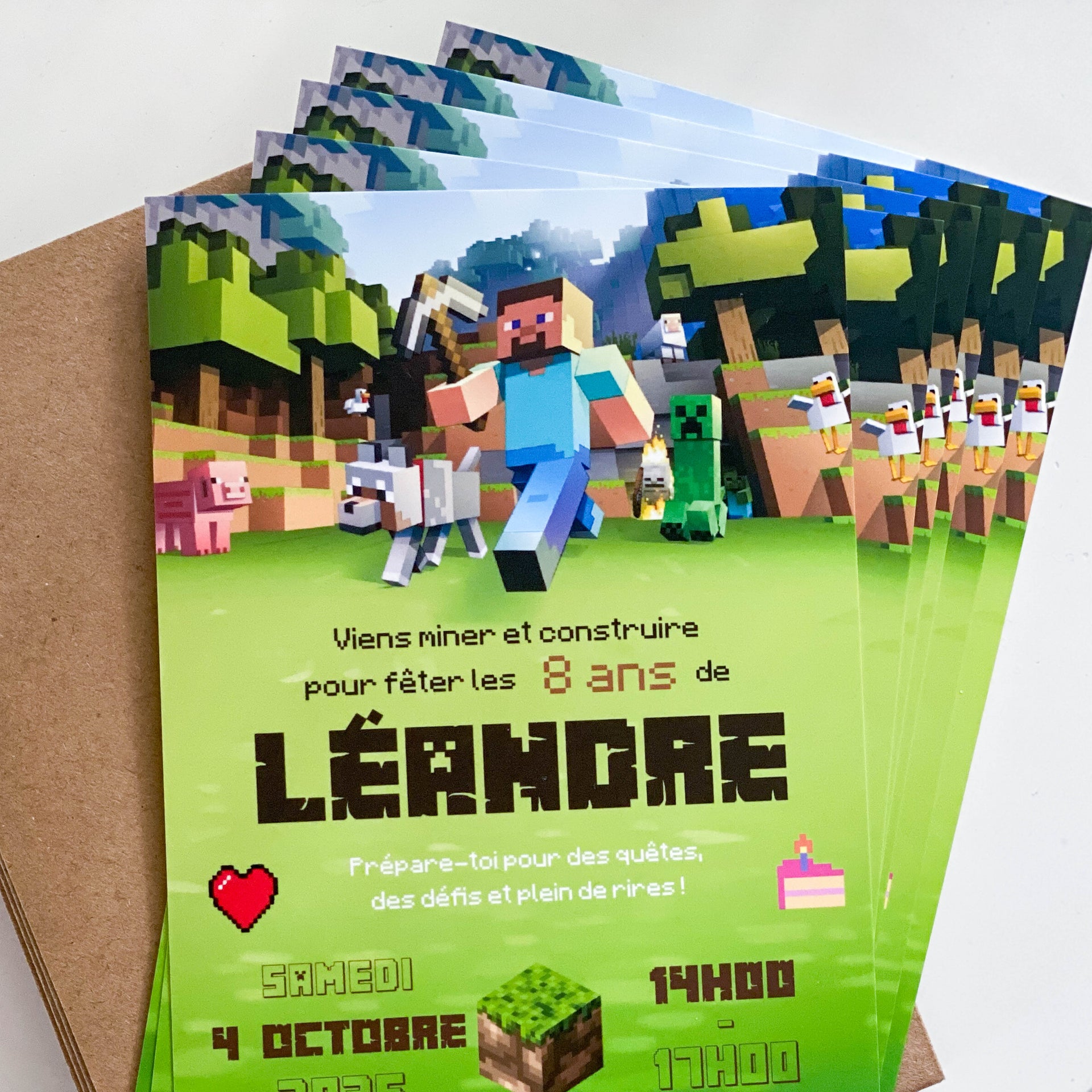 Plusieurs cartes d’invitation d’anniversaire empilées, style pixel-art inspiré de Minecraft : paysage vert et ciel bleu, personnage cubique courant avec une pioche, cochon et chien à gauche, creeper et poules à droite. Gros texte “LÉANDRE” en police bloc, mention “8 ans”, et encarts date/heure en bas.