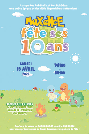 Modèle d'invitation anniversaire enfant 10 ans thème dresseur d'aventure et monstres de poche, design personnalisable style Pokopia avec illustrations de créatures et décor de plaine.