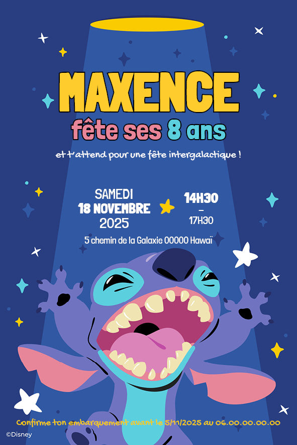 Invitation anniversaire Copain Galactique personnalisée avec prénom Maxence, fond bleu étoilé et texte jaune et rose.