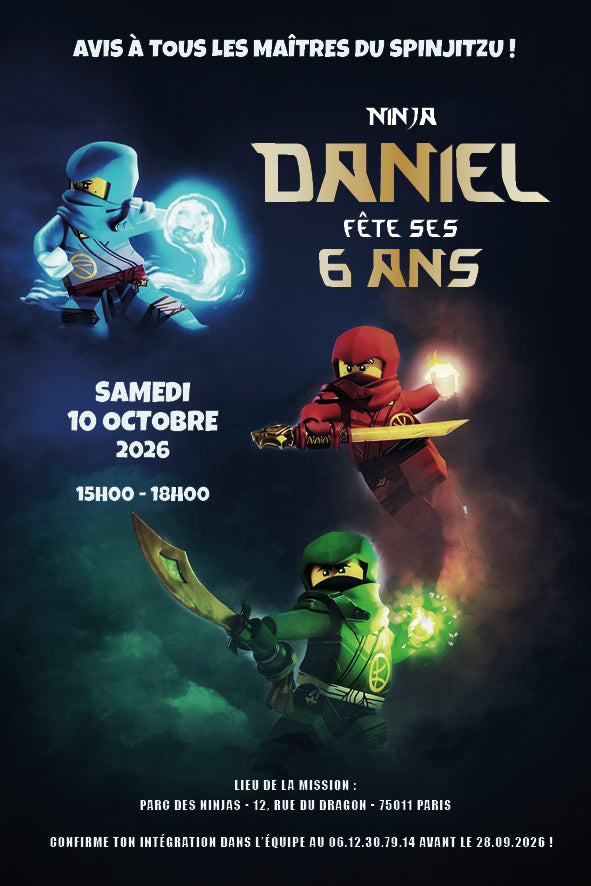 Carte d'invitation d'anniversaire pour enfant avec trois ninjas élémentaires bleu, rouge et vert.