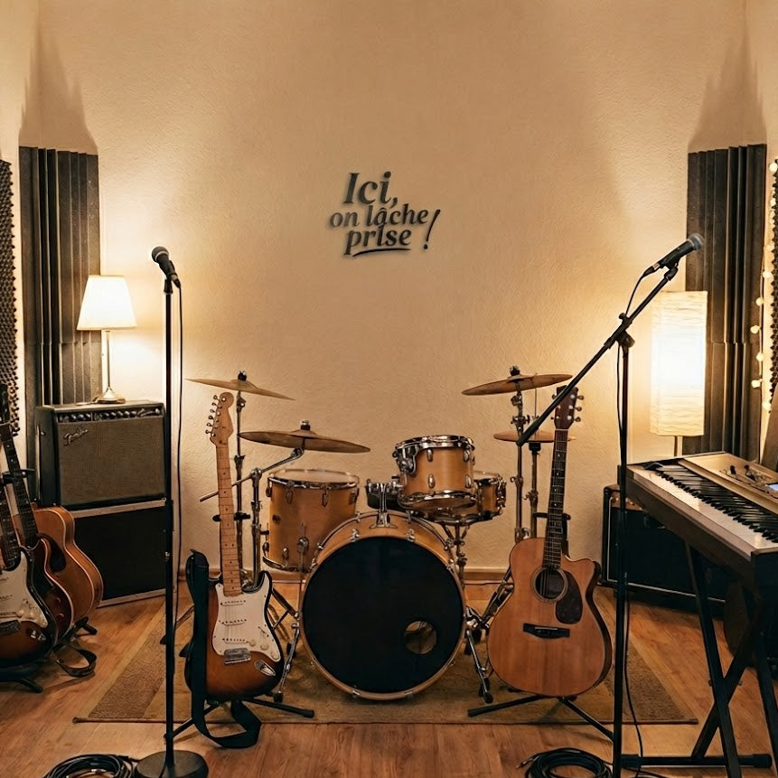 Décoration murale “Ici, on lâche prise !” en impression 3D (PLA), installée dans un studio de musique au-dessus d’une batterie, avec guitares, micros et clavier de chaque côté, ambiance chaleureuse.
