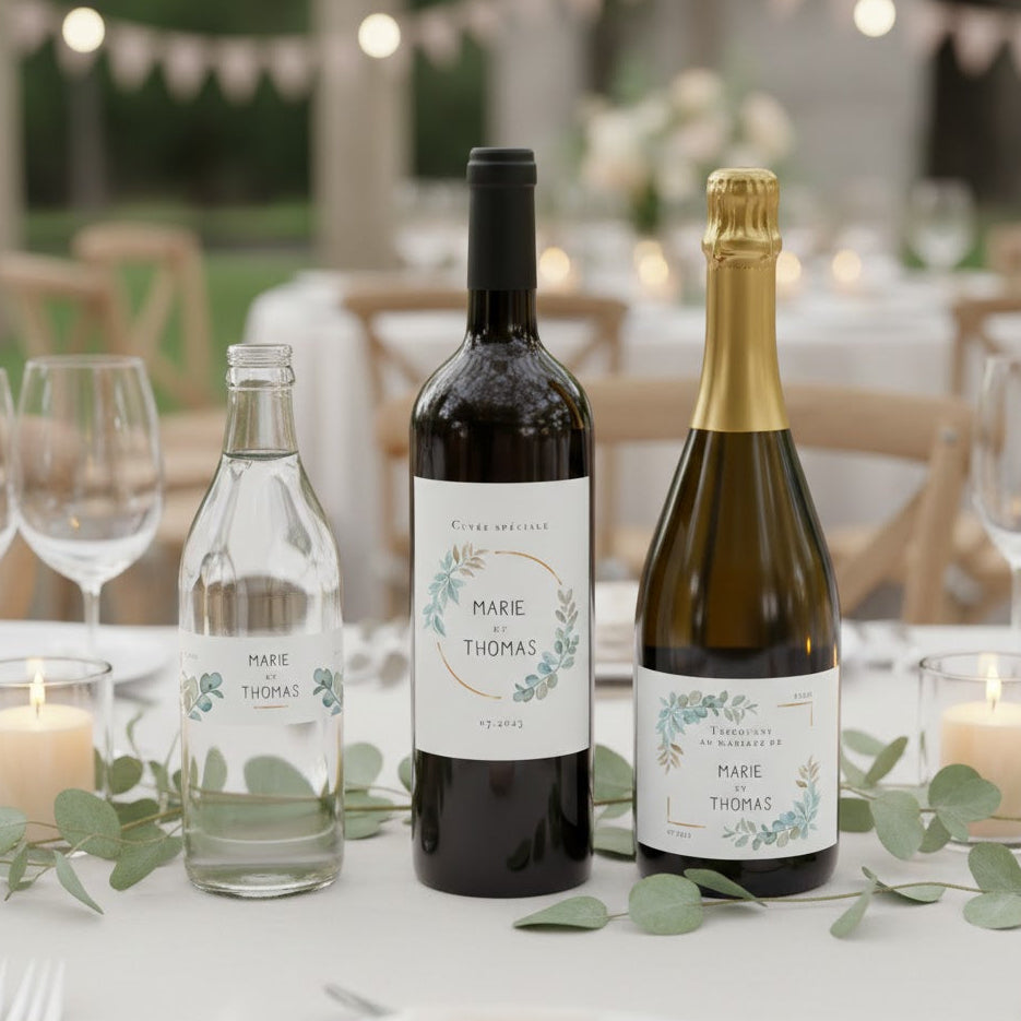 Mise en situation etiquettes bouteilles personnalisees pour mariage champetre – vin champagne eau – lot 3 assortis.