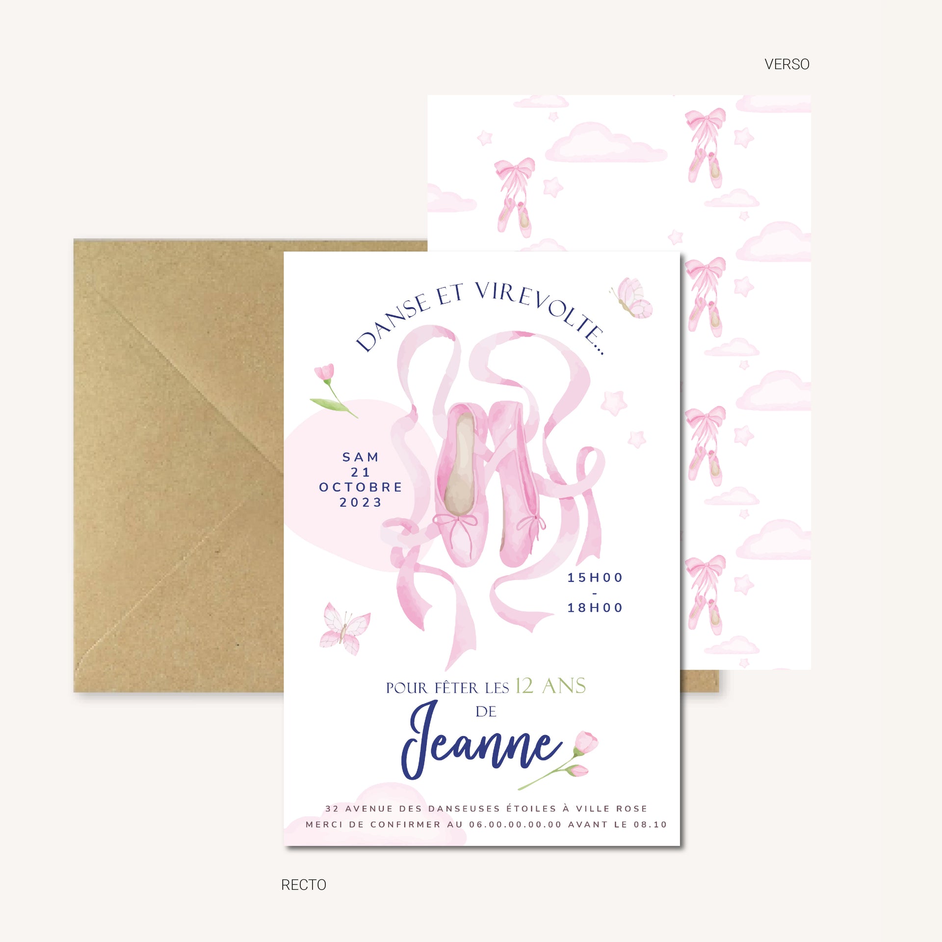 image de l'invitation anniversaire Ballerine recto verso, décor pastel avec chaussons de danse rose, rubans, papillon et fleurs, enveloppe kraft assortie.