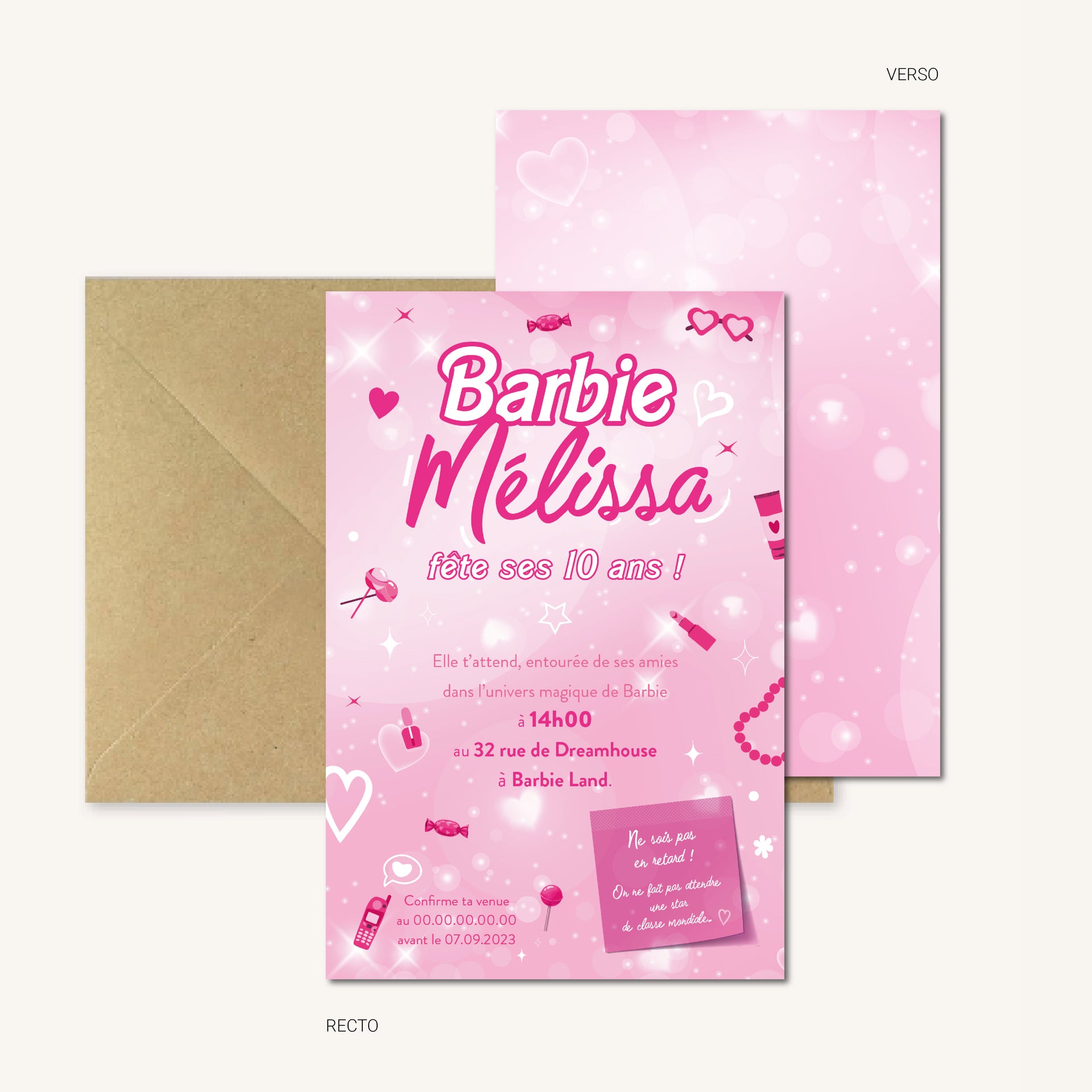 image invitation anniversaire Barbie personnalisée numérique à imprimer recto-verso avec son enveloppe kraft.