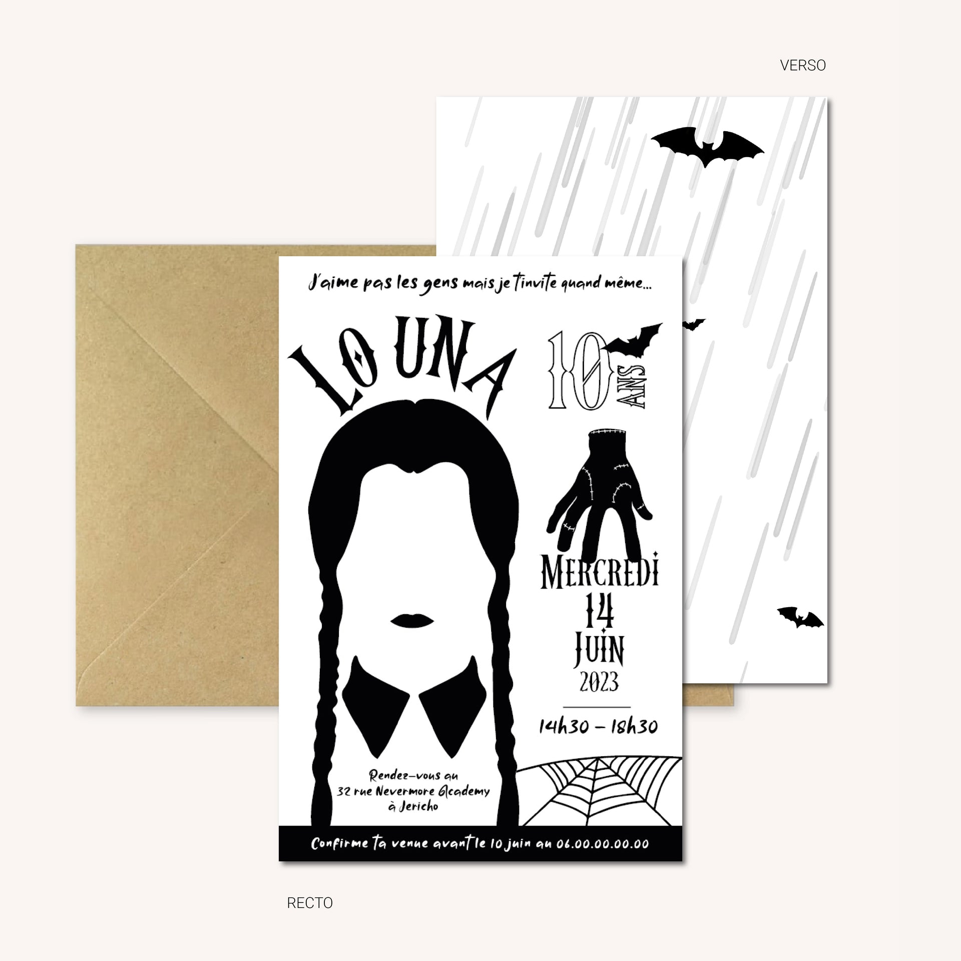 image invitation recto-verso anniversaire Mercredi Addams noir et blanche personnalisée numérique à imprimer avec son enveloppe kraft.