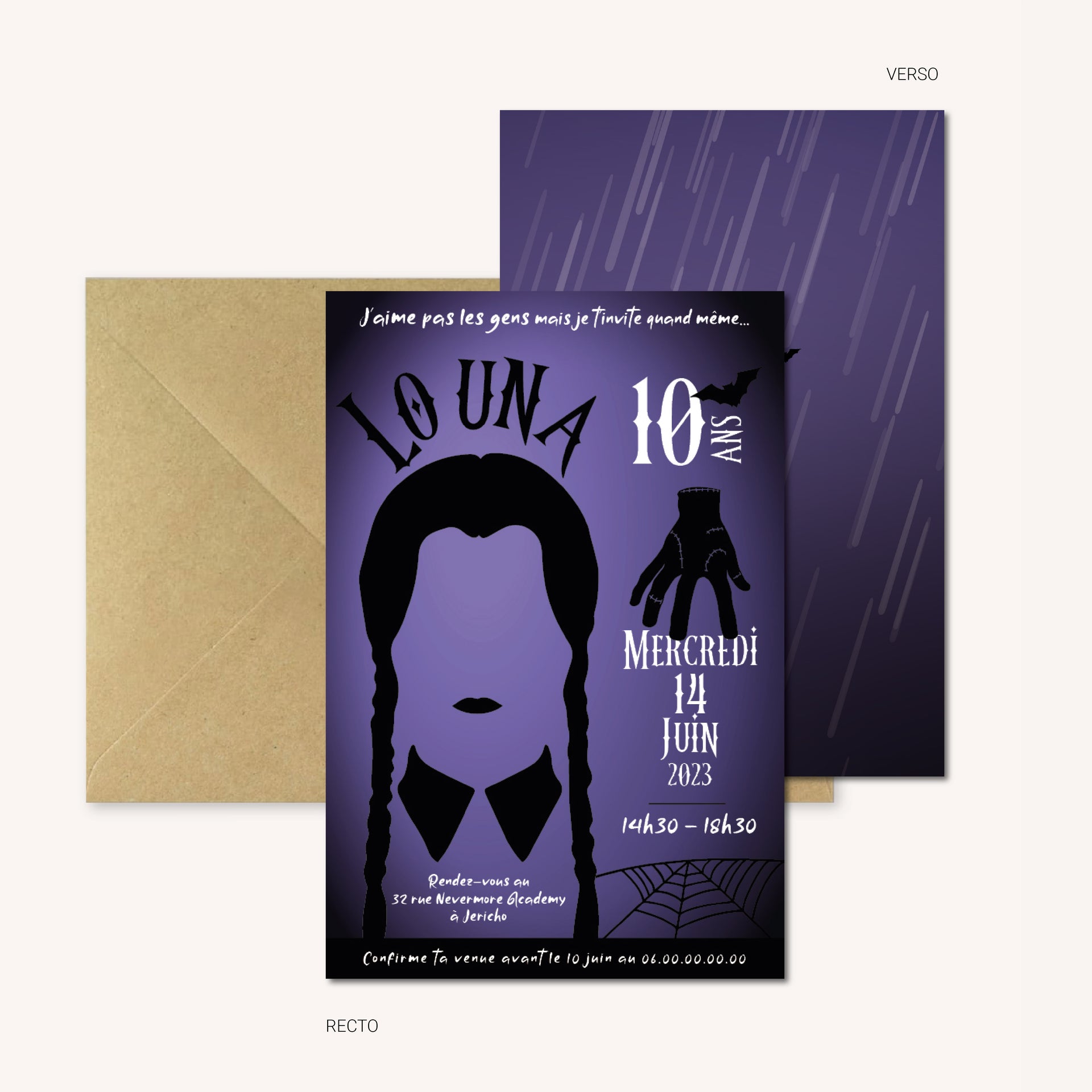 image invitation recto-verso anniversaire Mercredi Addams personnalisée numérique à imprimer avec enveloppe kraft.