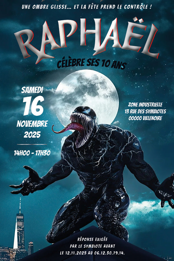 Invitation anniversaire esthétique grand écran : scène nocturne, présence du symbiote, mise en page dynamique avec prénom/âge de l’enfant et clin d’œil RSVP exigée par le symbiote.