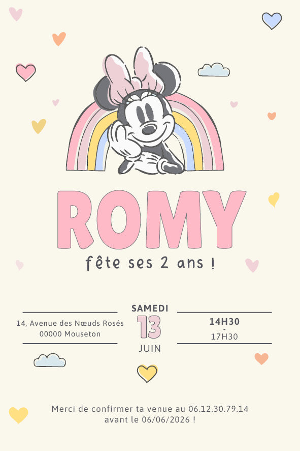 Invitation d’anniversaire enfant personnalisée, style pastel arc-en-ciel avec petite souris Minnie au nœud rose, prénom Romy et 2 ans.