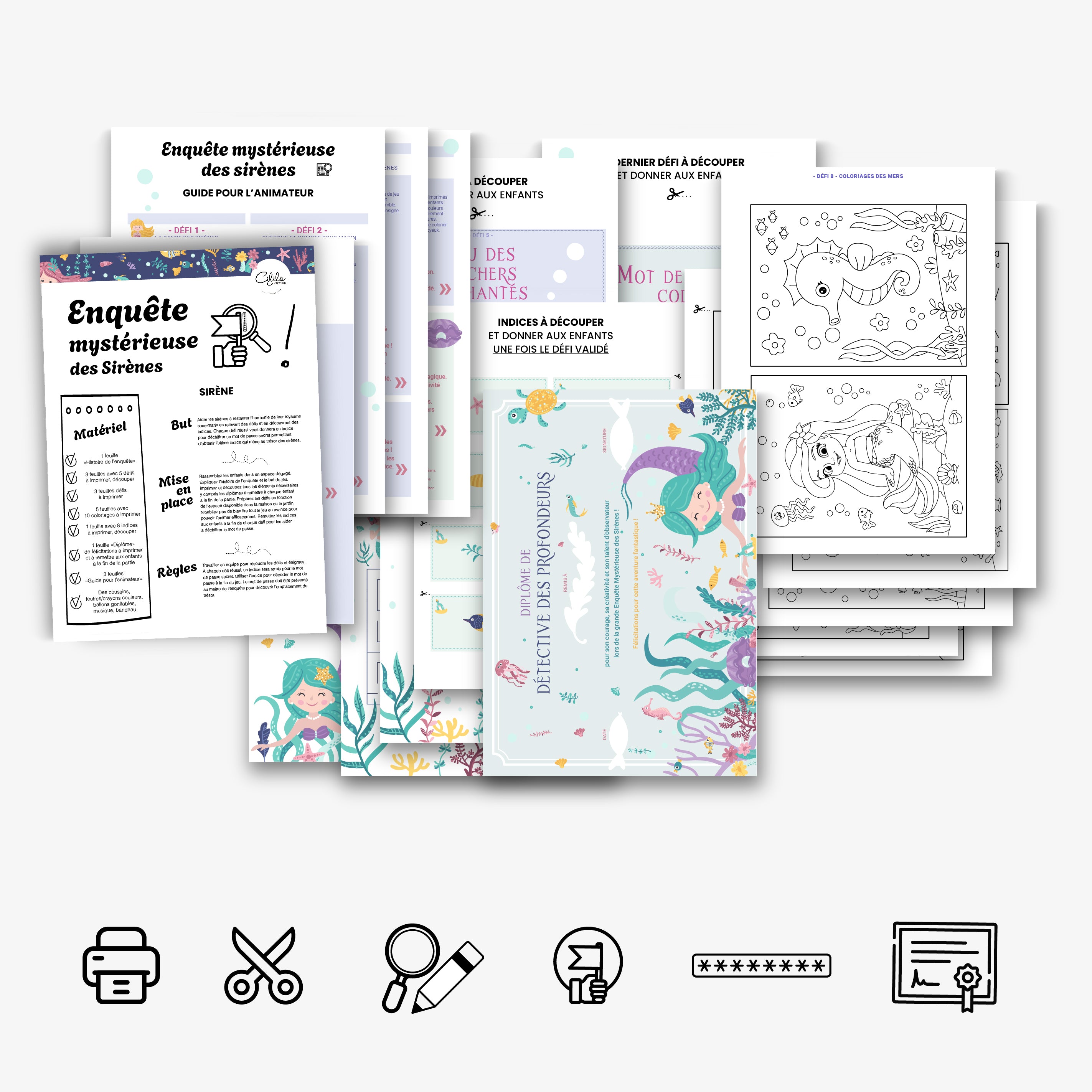 Fichier à imprimer pour organiser une enquête mystérieuse sur le thème des sirènes. Contient guide d’animation, énigmes, indices à découper, coloriages et diplôme de détective des profondeurs. Activité clé en main pour enfants, parfaite pour un anniversaire ou une animation autour de l’univers marin.