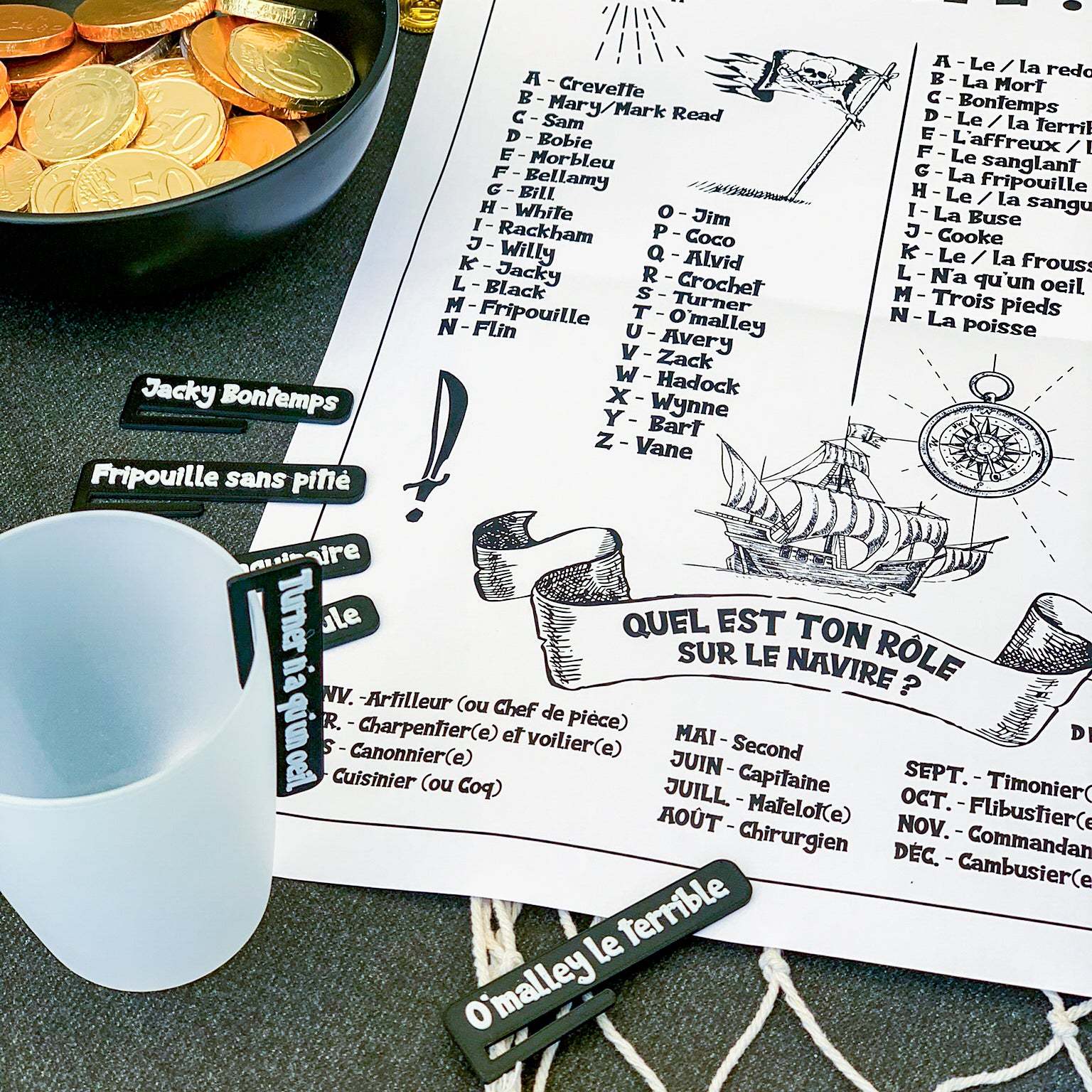 Marque-verres Pirates noirs avec écritures blanches "fripouille sans pitié" "Jacky Bontemps" disposés autour dune feuille “Quel est ton nom de pirate ?”, avec pièces d’or et accessoires, invitant les convives à chercher leur nom de pirate et à entrer directement dans l’ambiance de la soirée à thème pirate. Un marque-verre "Turner n'a qu'un œil" est clipsé sur un verre.