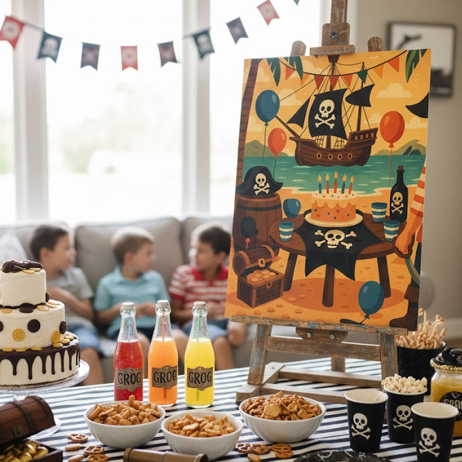 Affiche anniversaire île aux pirates sur table d'anniversaire.