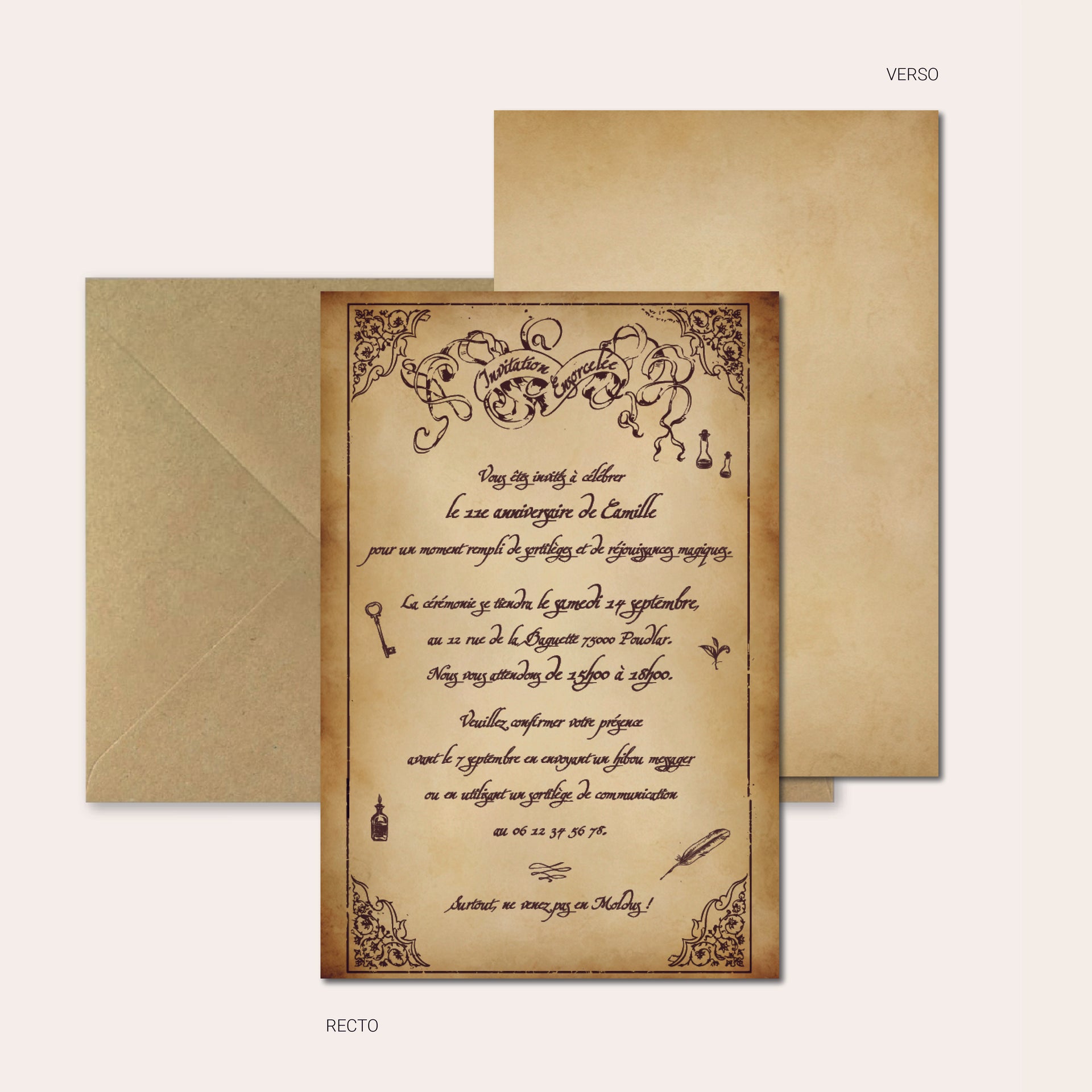 image de l'invitation anniversaire style vieux parchemin personnalisée – cérémonie ensorcelée d’anniversaire recto-verso avec enveloppe kraft
