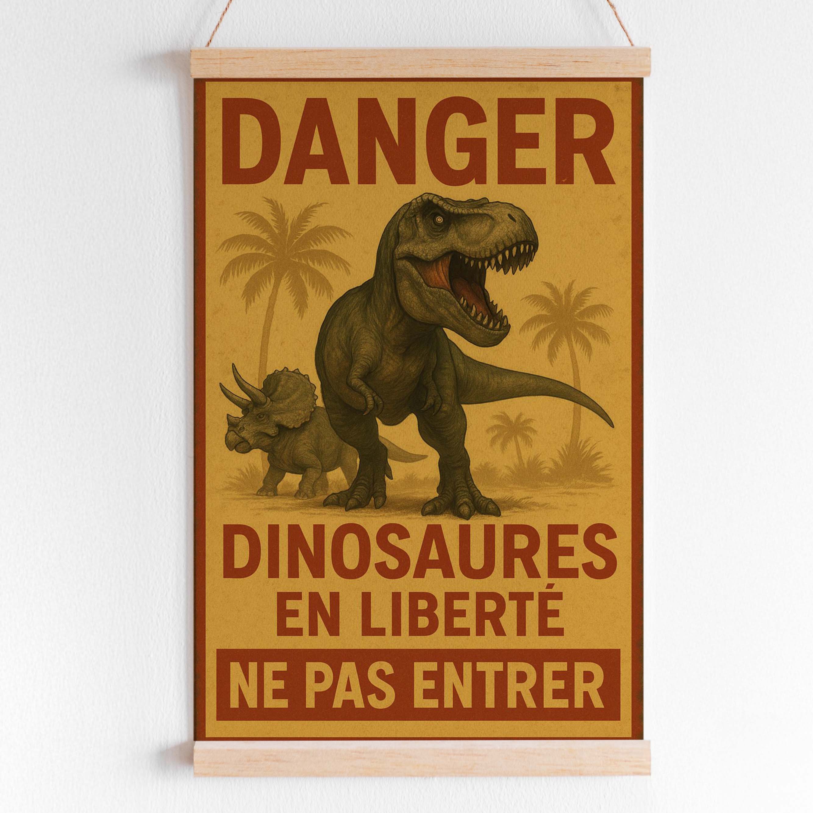 Affiche anniversaire dinosaures en liberté avec T-Rex et tricératops, décoration murale enfant thème dinosaures, affiche préhistorique à imprimer