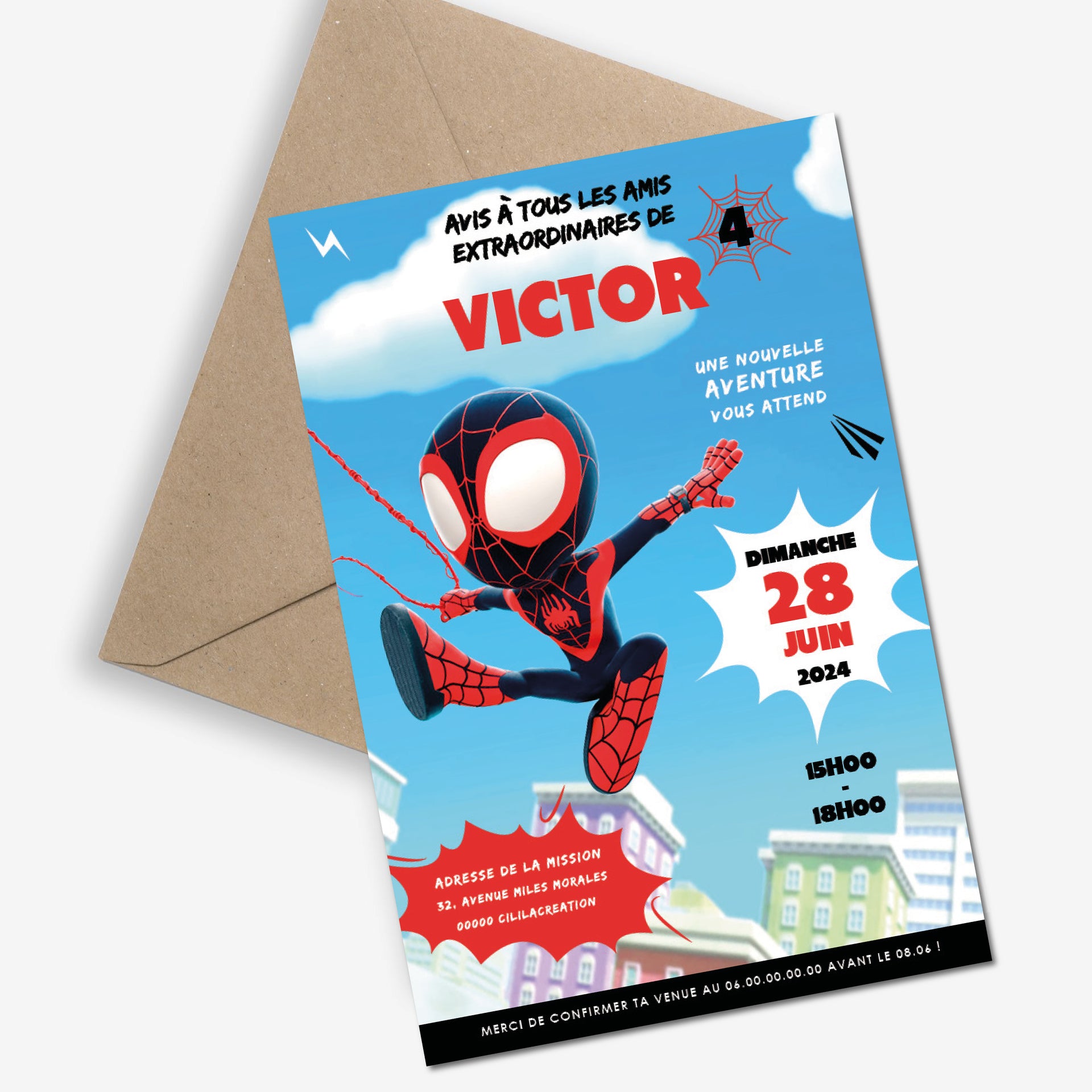 Image de l'invitation anniversaire personnalisée inspirée de Spidey et ses amis extraordinaires, avec Spin en costume noir et rouge bondissant dans la ville, style enfantin et coloré.