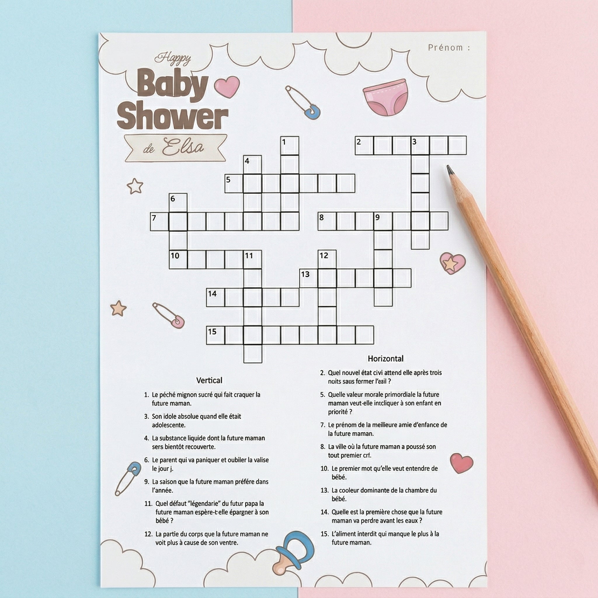 Mots croisés personnalisables pour fête prénatale (Baby Shower), version papier imprimée avec questions sur mesure pour la future maman.