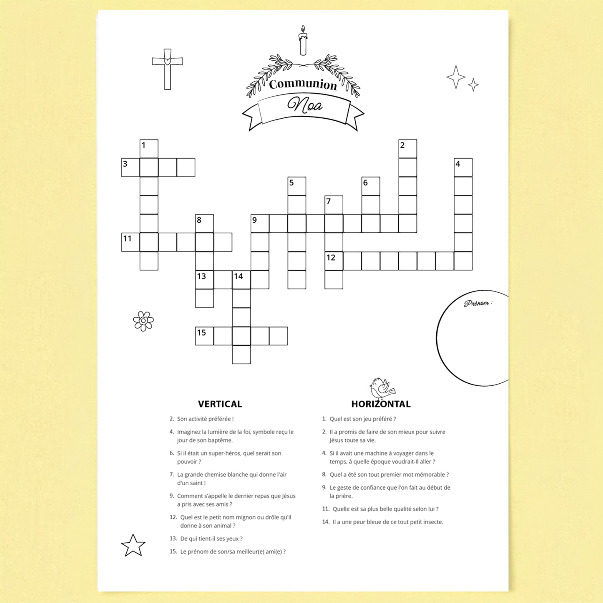 Fiche d'activité de mots croisés personnalisée pour la communion d'un garçon nommé Noa. Le design noir et blanc style dessin au trait présente une grille de mots croisés vide au centre. En haut, une bannière décorative avec le texte 'Communion' et 'Noa'. En bas, les indices sont divisés en 'VERTICAL' et 'HORIZONTAL' et comprennent des questions personnelles amusantes sur l'enfant et des questions liées à la foi. Des petites illustrations de croix, bougie, oiseau et étoiles décorent la page. 