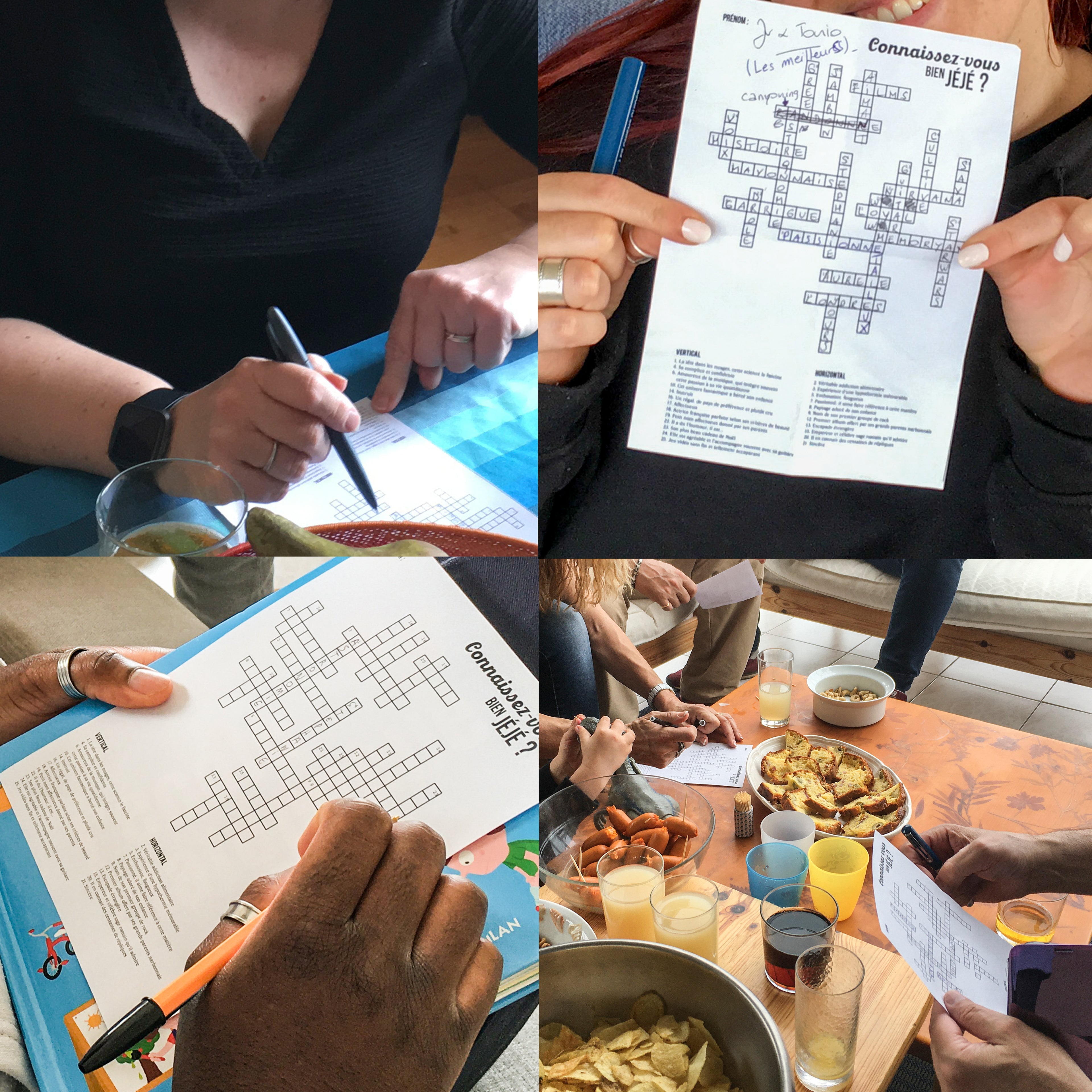 Montage de photos montrant des invités lors d'un apéritif remplissant et affichant leur grille de mots croisés personnalisée Connaissez-vous bien Jéjé.
