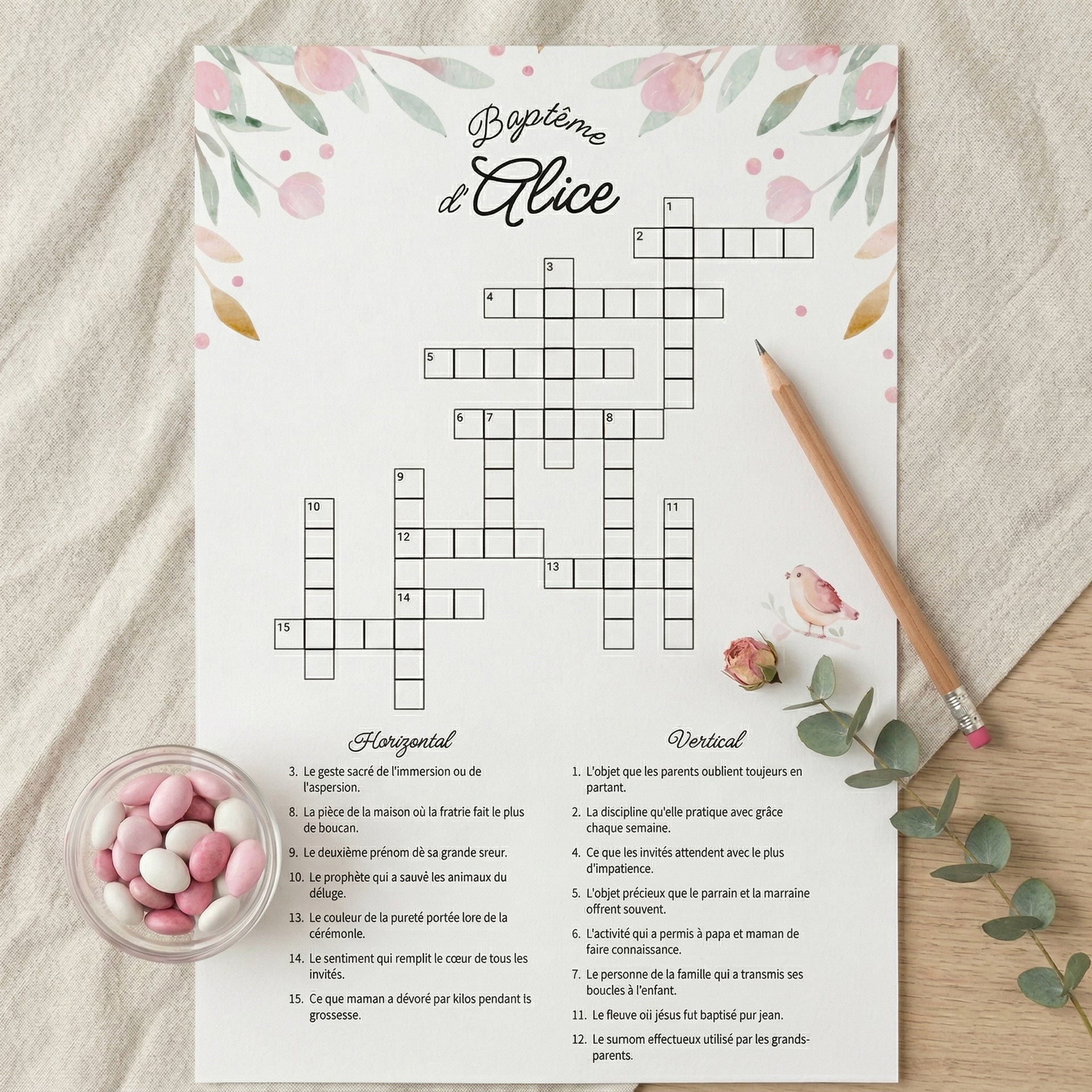 Jeu de mots croisés personnalisable pour baptême fille, modèle floral aquarelle avec petit oiseau mignon et décoration de table élégante.