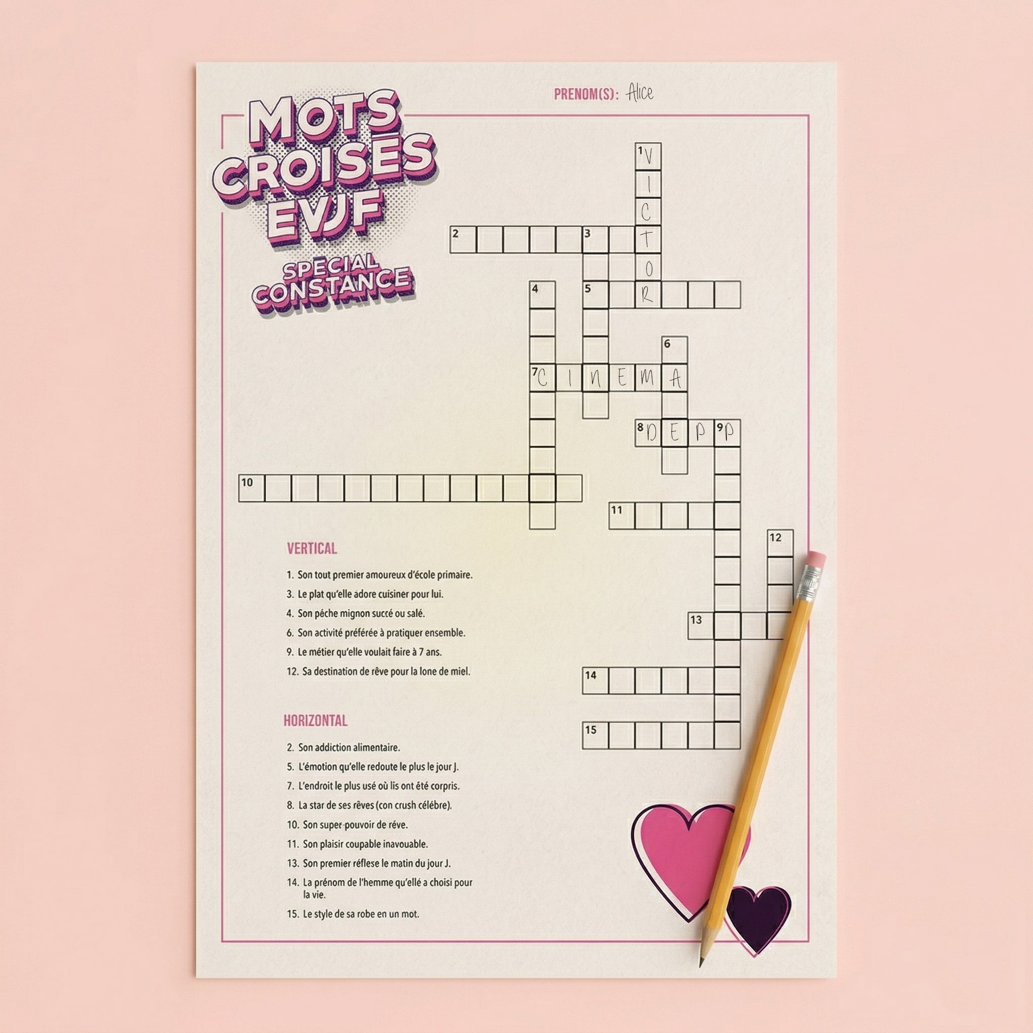 Une fiche de jeu imprimée au style rétro-pop des années 90 pour une animation d'Enterrement de Vie de Jeune Fille (EVJF). Le titre "MOTS CROISÉS EVJF SPECIAL CONSTANCE" est écrit en lettres pop-up. La fiche présente une grille de mots croisés numérotée et une liste de questions en français (indices) pour les sections "Vertical" et "Horizontal", des décorations de cœurs et un crayon à papier jaune posé dessus. 