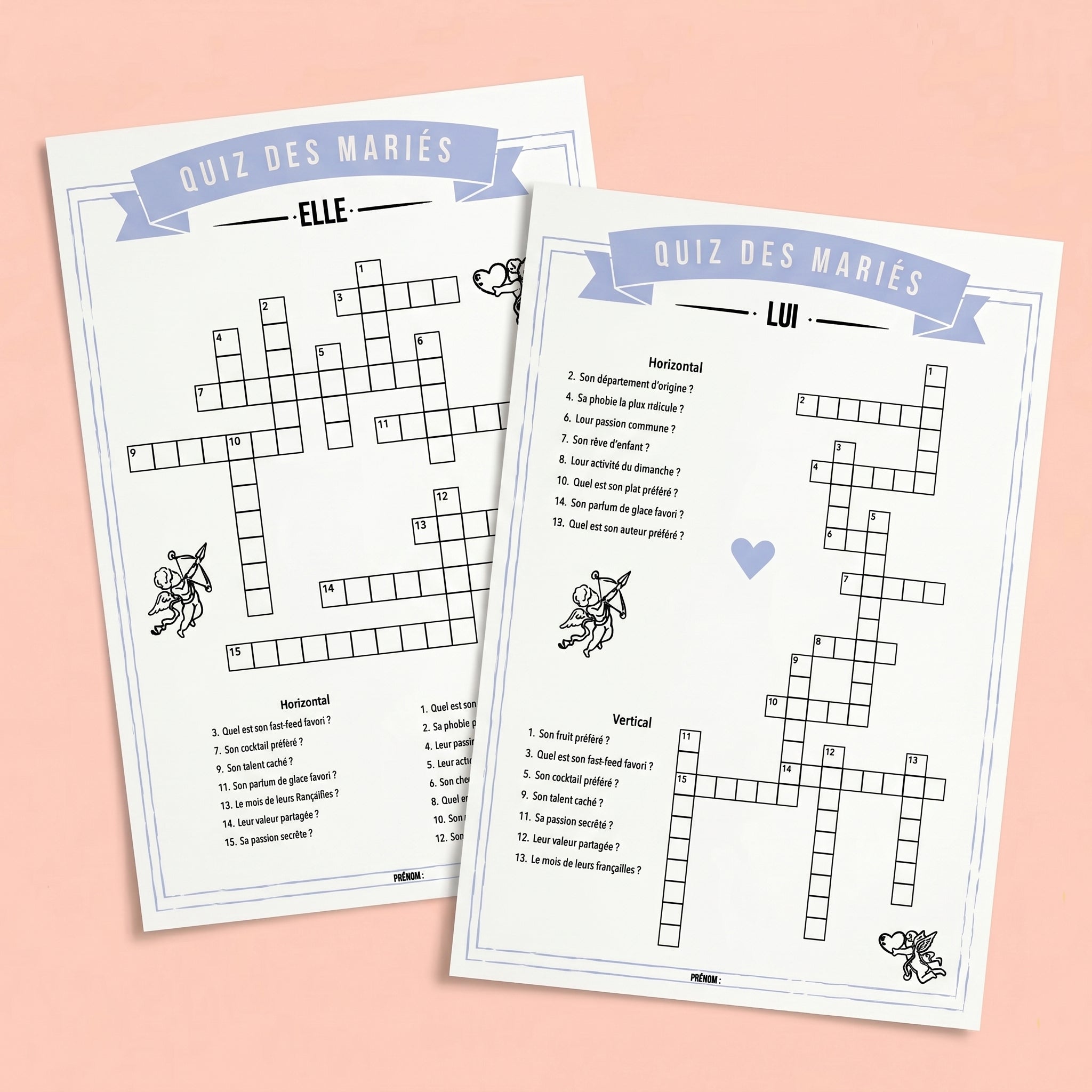 Deux fiches de mots croisés 'Quiz des Mariés' (versions ELLE et LUI) avec banderoles mauves et illustrations de petits chérubins sur fond pastel.