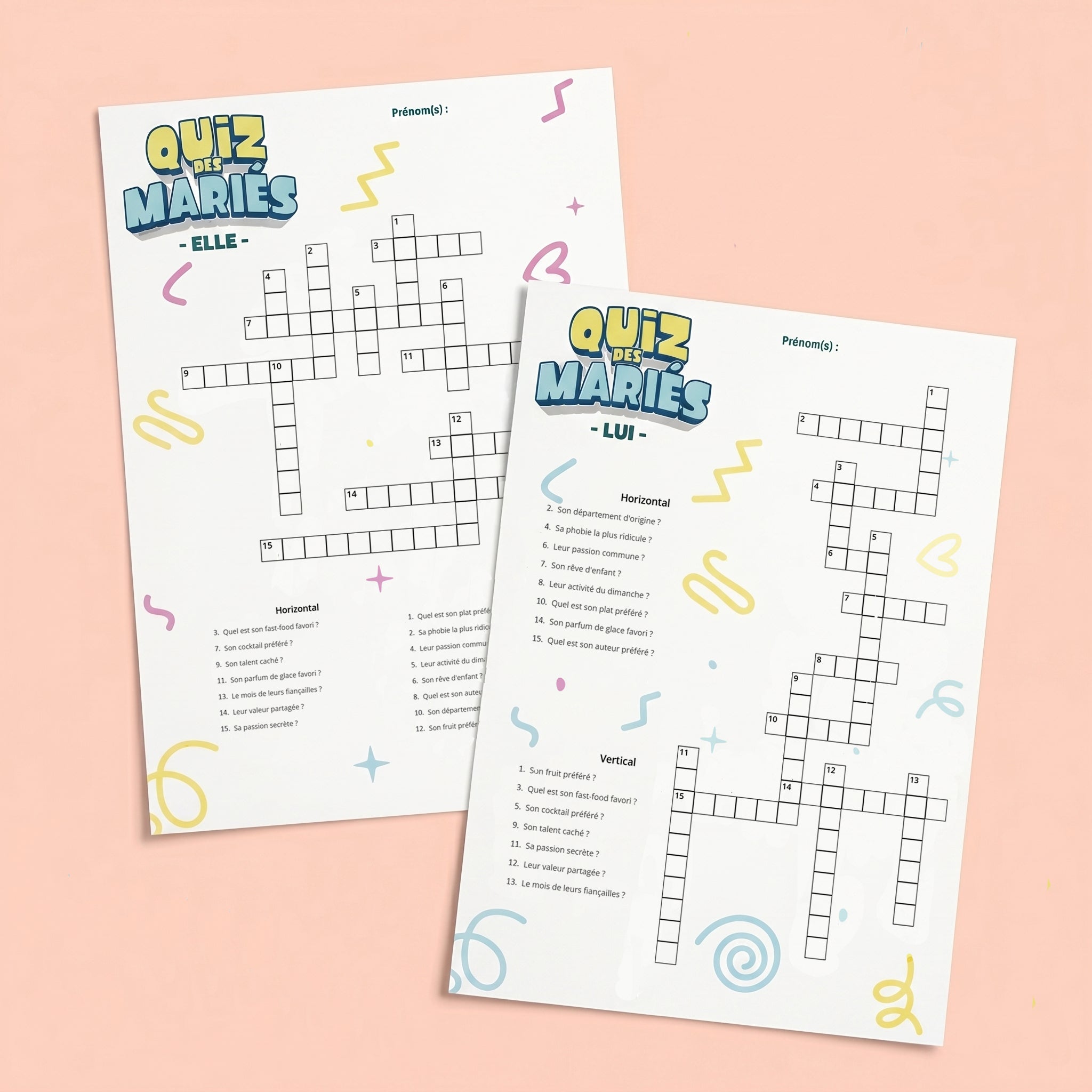 Deux fiches de jeu de mariage Quiz des Mariés version Lui et Elle avec grilles de mots croisés personnalisées.