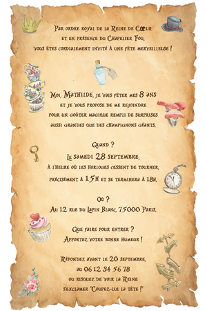 Invitation anniversaire personnalisable - Alice au pays des merveilles