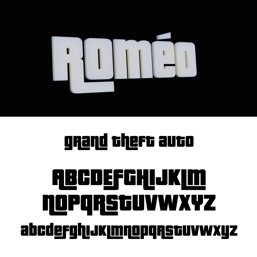 Aperçu police style Grand Theft Auto avec alphabet, pour prénom mural en impression 3D.