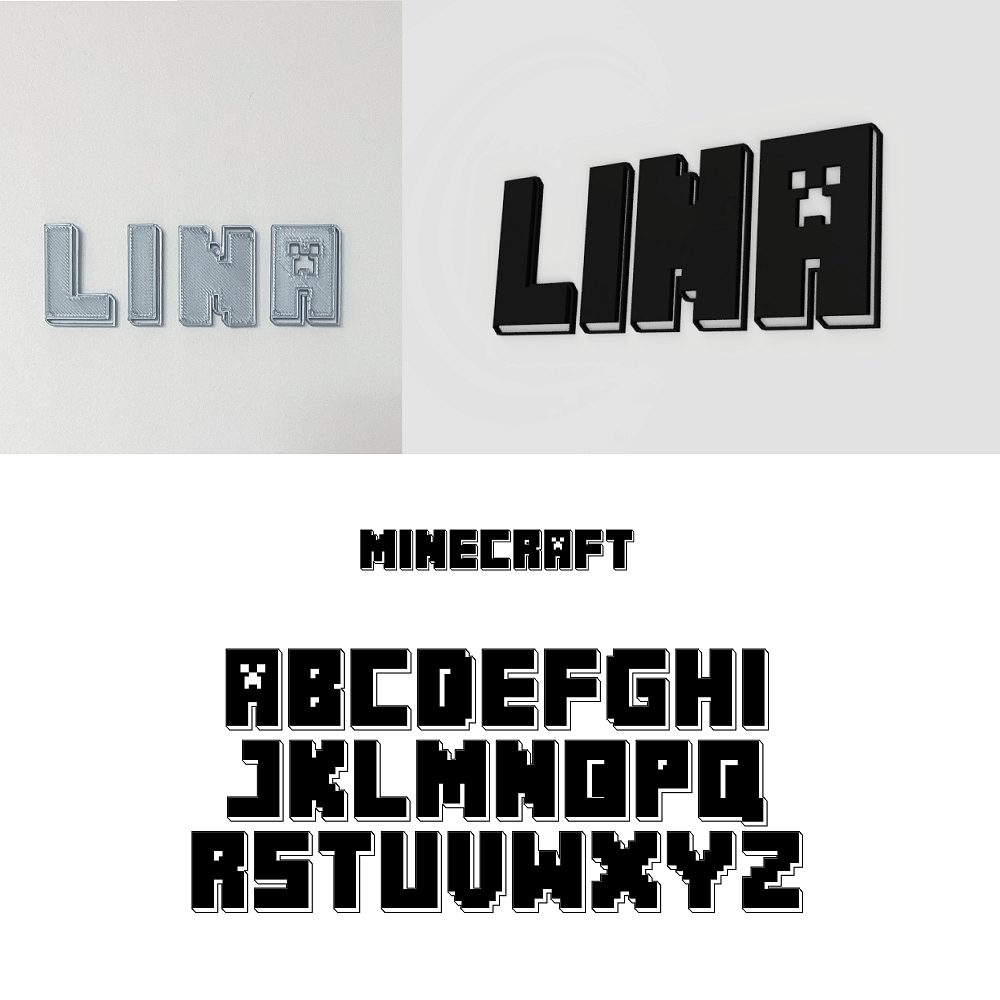 Aperçu police style Minecraft avec alphabet, exemples de prénoms muraux en impression 3D.