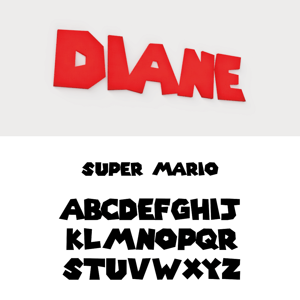 Aperçu police style Super Mario avec alphabet, pour prénom mural en impression 3D.