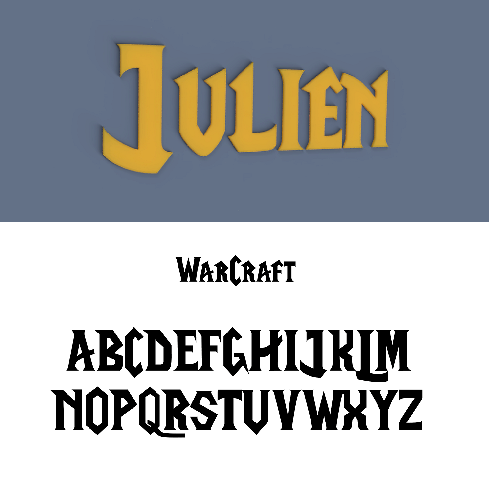 Aperçu police style World of Warcraft avec alphabet, pour prénom mural en impression 3D.