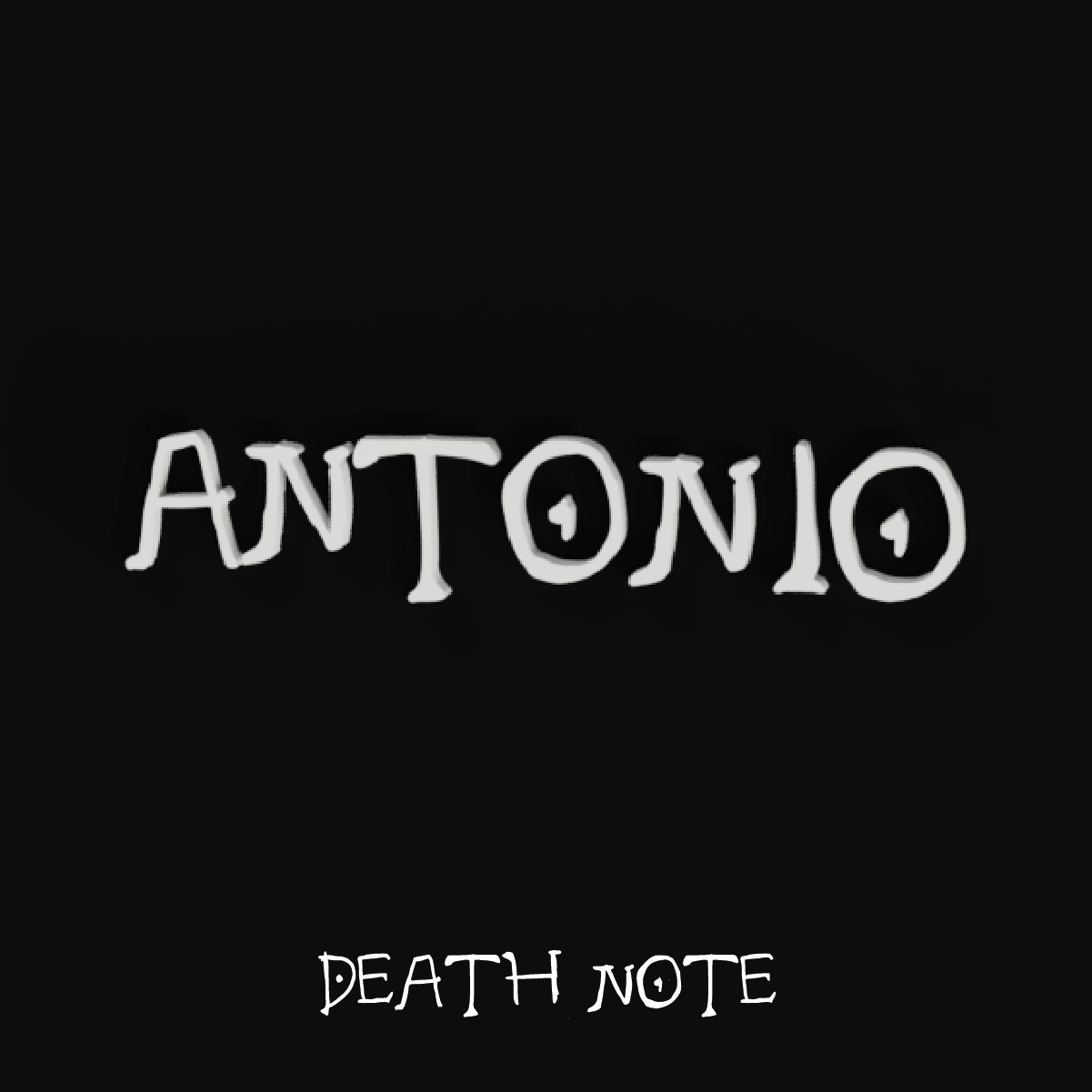Prénom « Antonio » en lettres blanches style Death Note, modèle pour décoration murale personnalisée en impression 3D PLA, sur fond noir.