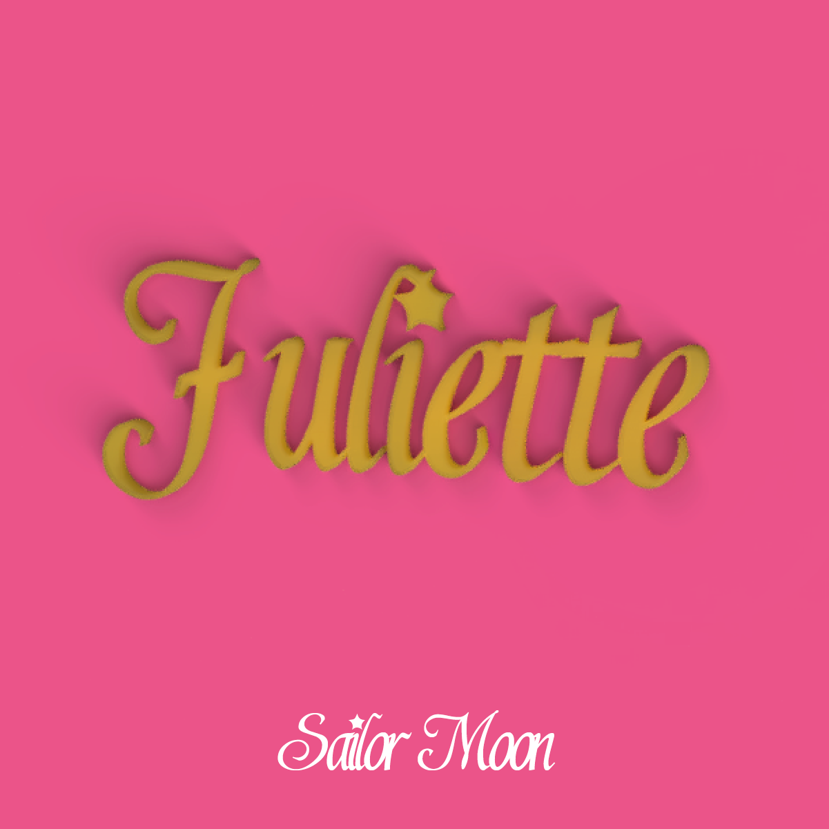Prénom Juliette en lettres dorées style Sailor Moon avec petit symbole étoile, exemple de personnalisation en impression 3D PLA pour décoration murale.