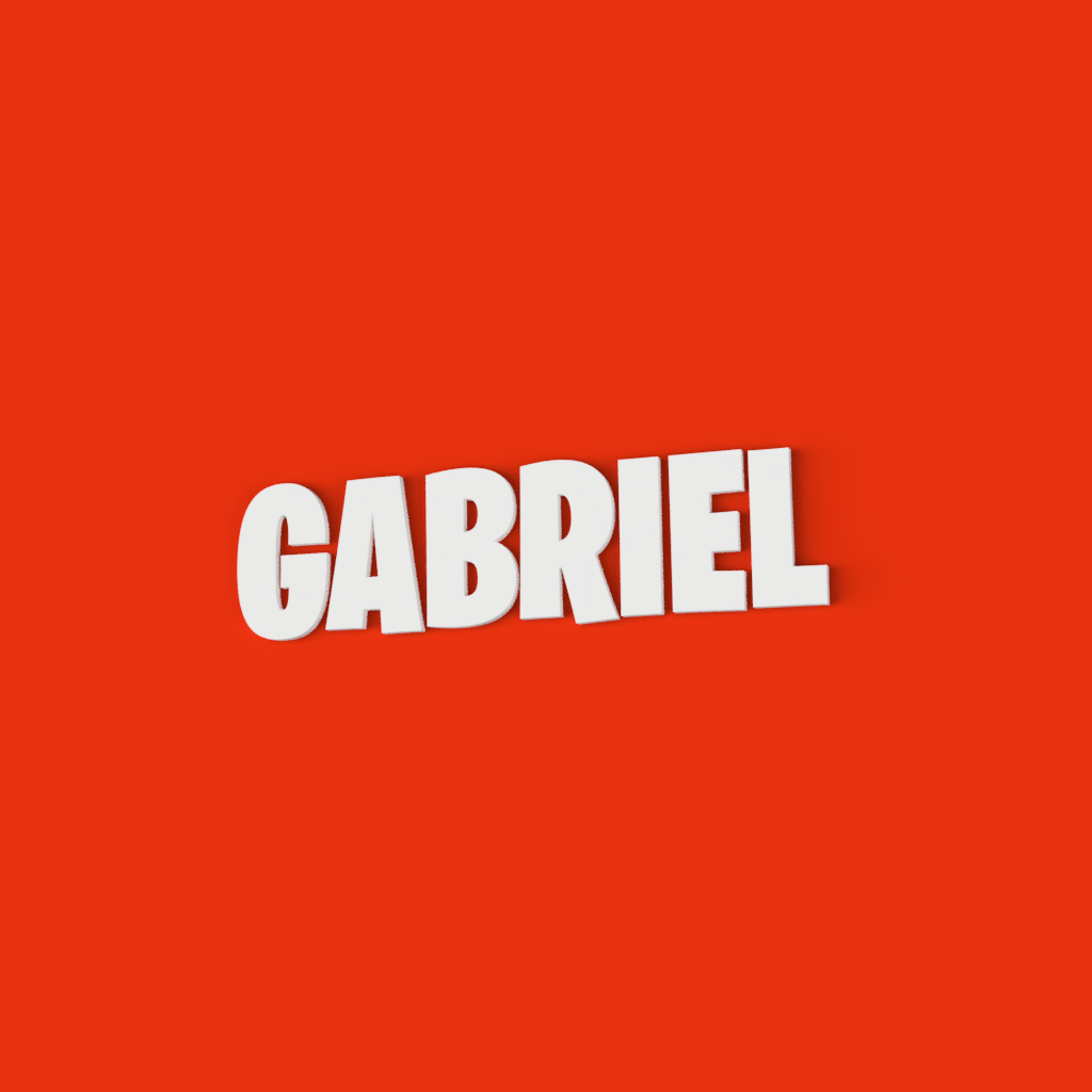 Prénom mural « Gabriel » en impression 3D blanche, style Fortnite, sur fond rouge.