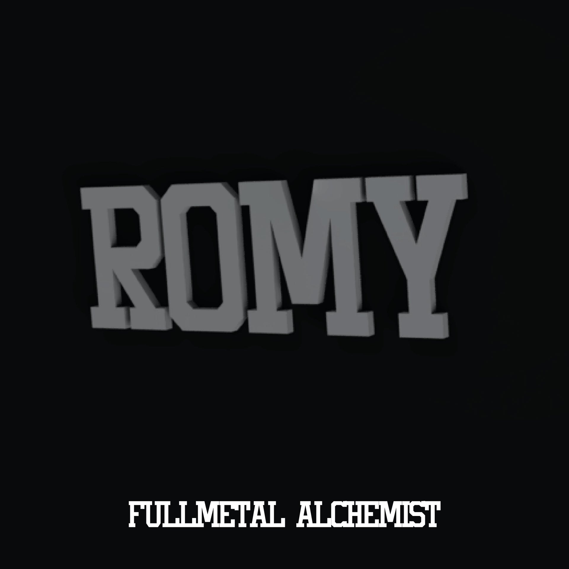 Mockup du prenom Romy en lettres 3D grises style Fullmetal Alchemist, decoration murale personnalisee imprimee en PLA, rendu sur fond noir avec mention Fullmetal Alchemist en bas.
