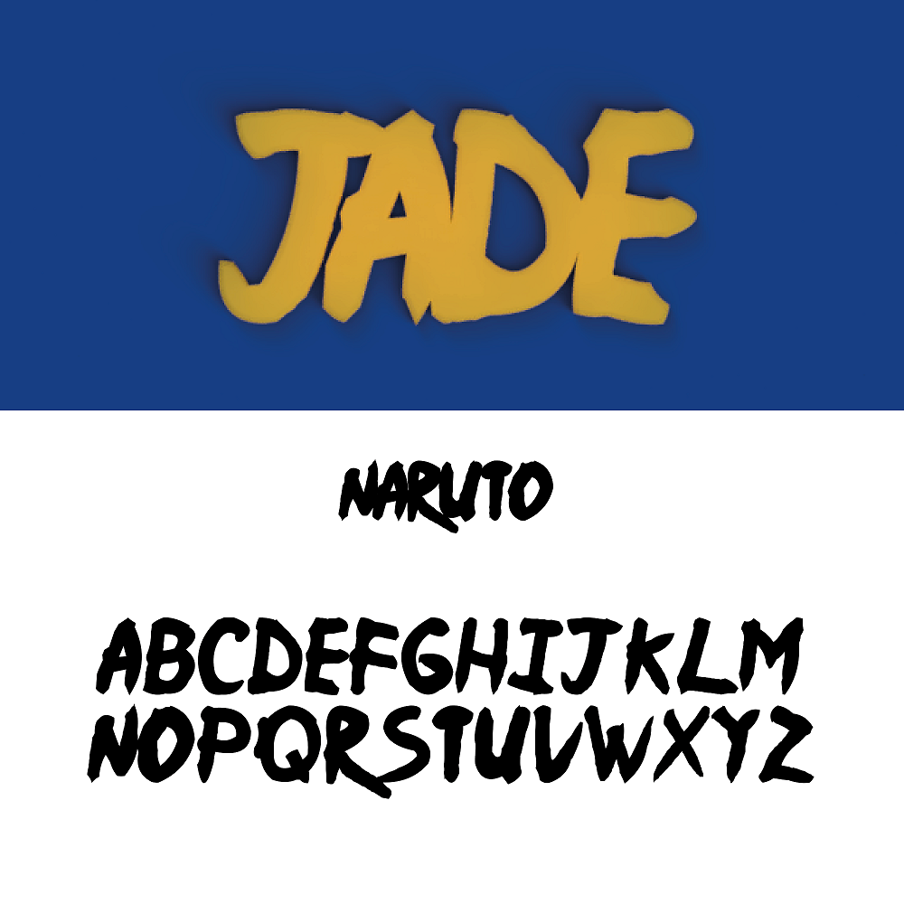 Apercu 3D du prenom Jade en lettres style Naruto, avec modele alphabet Naruto en reference, decoration murale personnalisee imprimee en PLA.