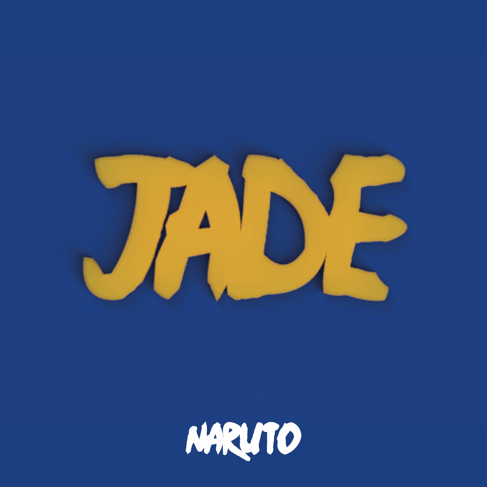 Mockup du prenom Jade en lettres style Naruto, decoration murale personnalisee imprimee en PLA, rendu sur fond bleu avec mention Naruto en bas.