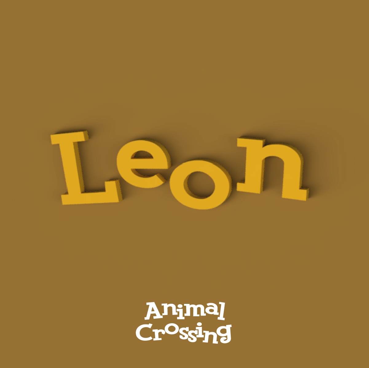 Prénom mural « Leon » en impression 3D jaune, style Animal Crossing, sur fond marron.