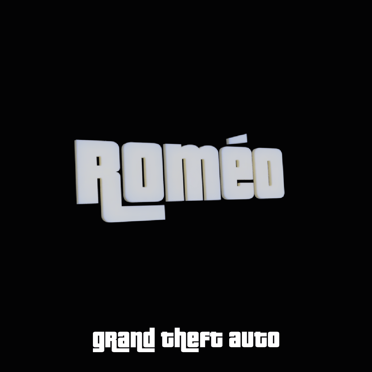 Prénom mural « Roméo » en impression 3D blanche, style Grand Theft Auto, sur fond noir.