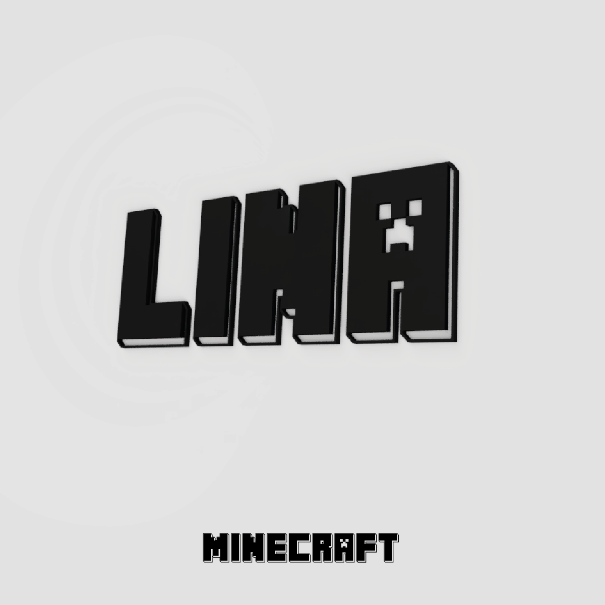 Prénom mural « Lina » en impression 3D noire, style Minecraft, sur fond gris clair.