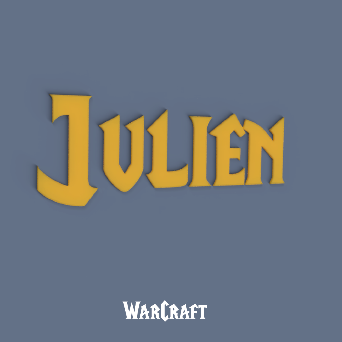 Prénom mural « Julien » en impression 3D jaune, style World of Warcraft, sur fond bleu-gris.