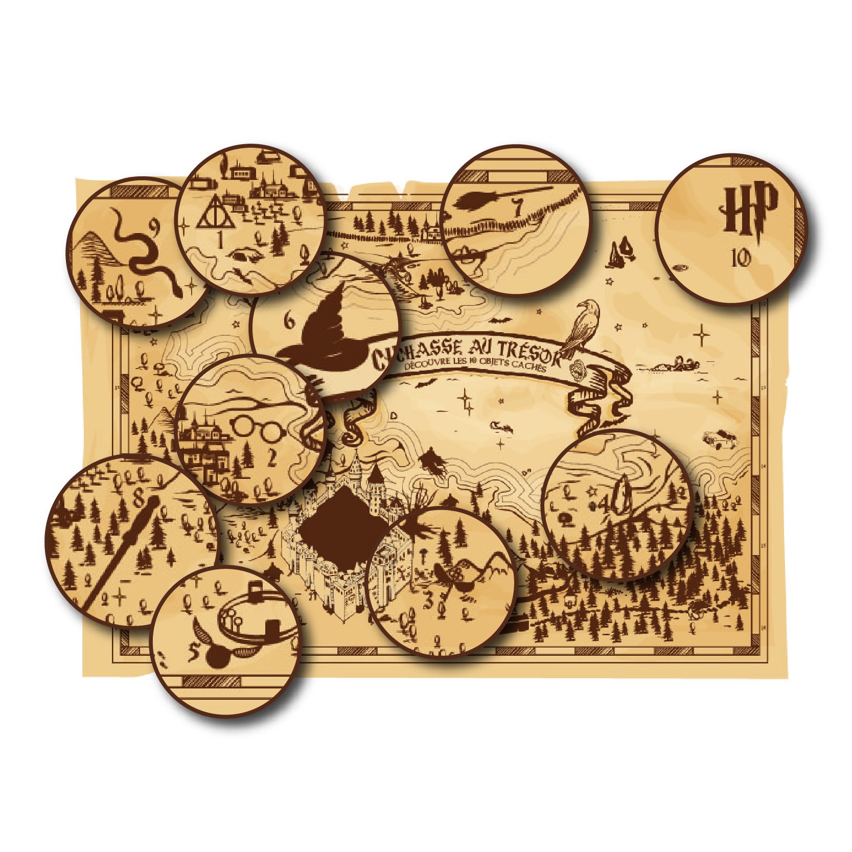 Carte de chasse au trésor dans l'univers des sorciers, avec des zooms sur les 10 objets cachés à retrouver. Parchemin magique à imprimer au format A3, idéal pour une animation d'anniversaire inspirée de l'école des sorciers. Les éléments à chercher sont dissimulés dans le décor et numérotés pour guider les enfants dans leur aventure.
