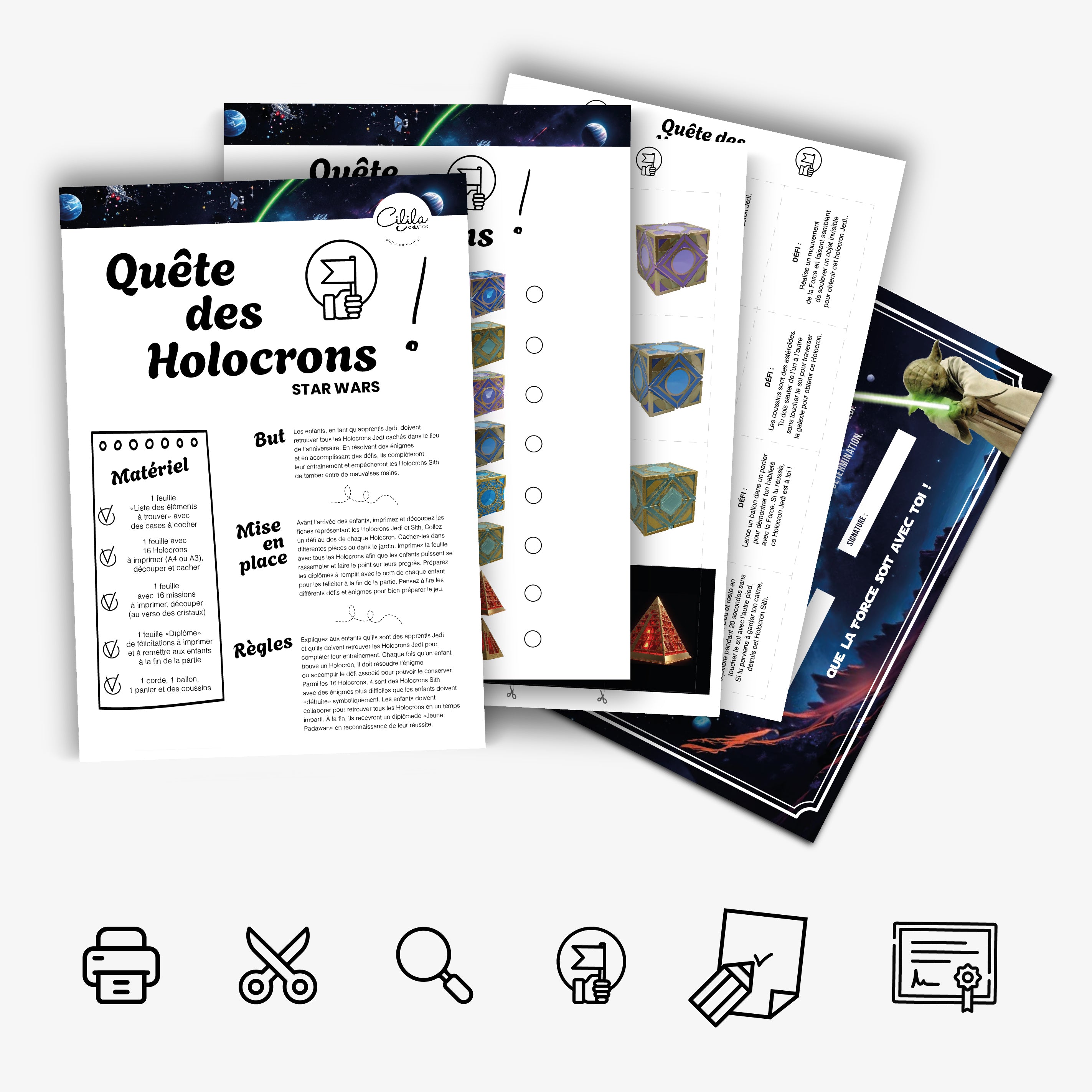 Fichier à imprimer pour organiser une chasse au trésor “Quête des Holocrons” sur le thème Star Wars. Le kit comprend des holocrons à retrouver, des défis de Jedi, une fiche de suivi et un diplôme de jeune padawan. Parfait pour une animation d’anniversaire ou un après-midi galactique avec les enfants.