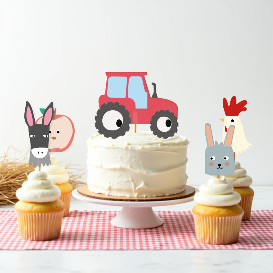 Décoration de gâteau et cupcakes thème ferme avec cupcake toppers animaux et tracteur rouge, ambiance anniversaire enfant DIY.