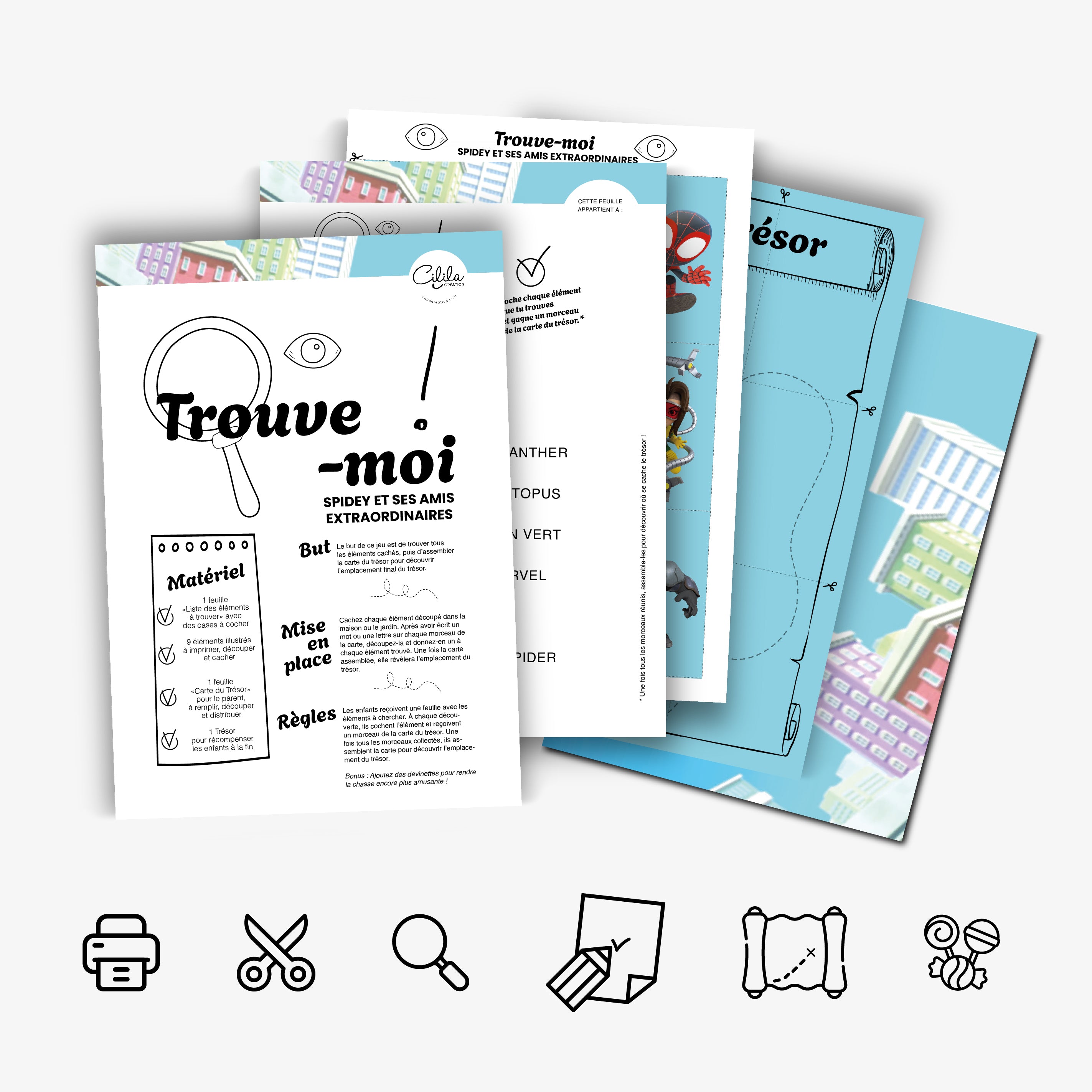 Visuel du kit complet à imprimer « Trouve-moi Spidey et ses amis extraordinaires » : plusieurs fiches A4 en éventail avec la page de couverture, la liste du matériel, la fiche de recherche des personnages, le plan du trésor bleu et la planche de cartes à découper décorée d’immeubles, posé sur fond clair avec icônes de petite imprimante, ciseaux, loupe, feuilles à plier, carte au trésor et bonbons, pour montrer un jeu d’anniversaire clé en main.