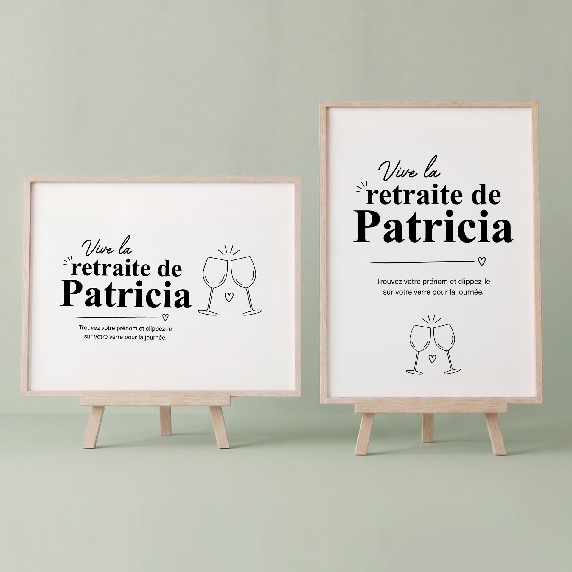 Deux affiches explicatives personnalisées « Vive la retraite de Patricia » pour marque-verres, présentées en format horizontal (paysage) et vertical (portrait) sur de petits chevalets en bois.
