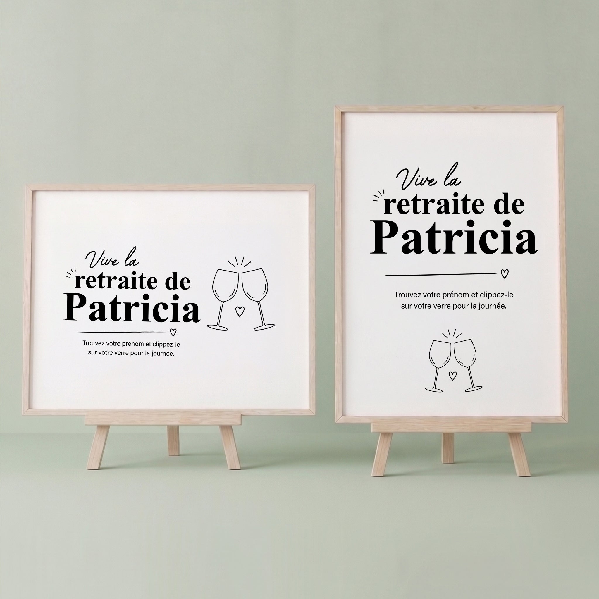 Deux affiches explicatives personnalisées « Vive la retraite de Patricia » pour marque-verres, présentées en format horizontal (paysage) et vertical (portrait) sur de petits chevalets en bois.