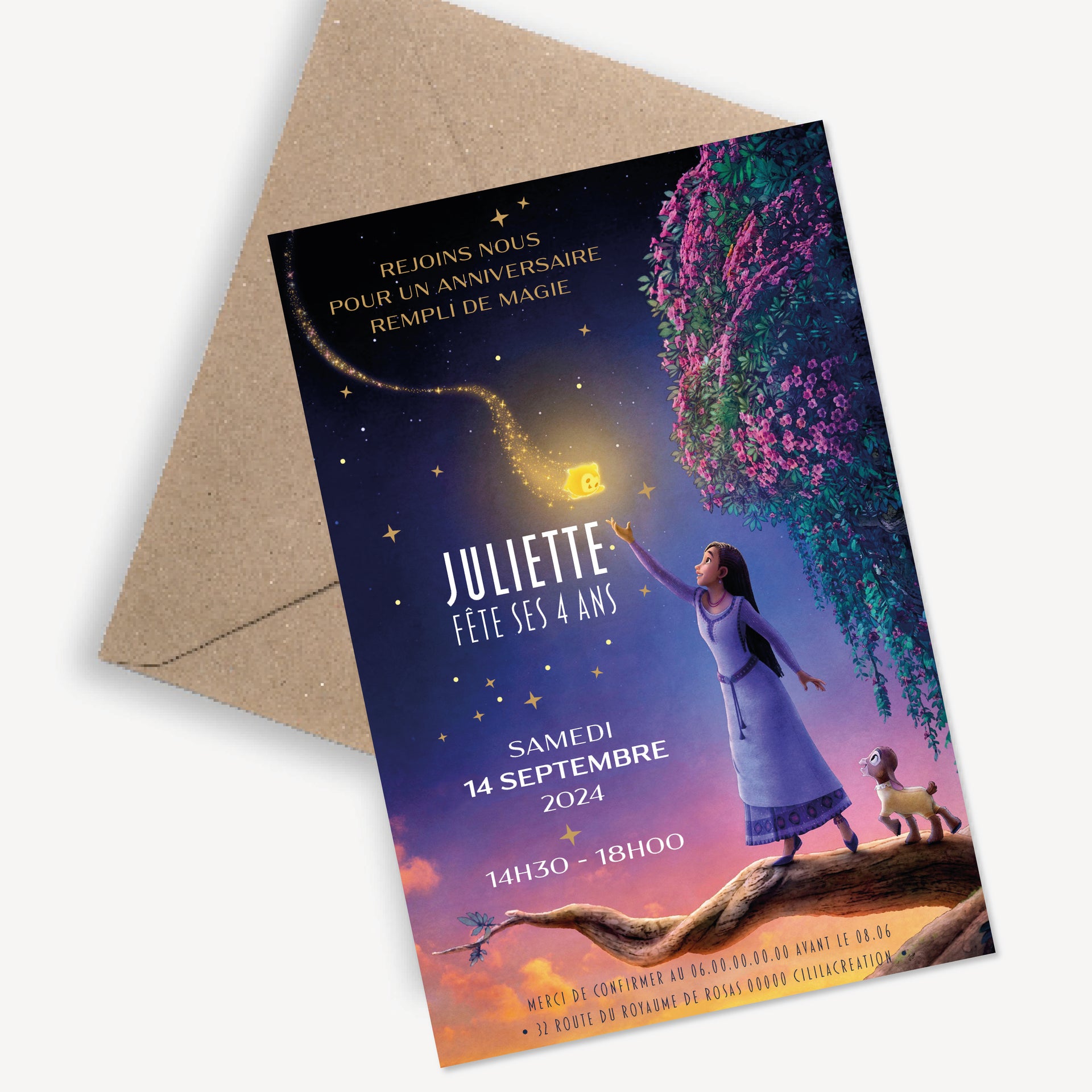 image de l'invitation anniversaire inspirée de Wish : Asha et la Bonne Étoile – Asha lève la main vers une étoile brillante, aux côtés d’un petit animal, sous un grand arbre fleuri.